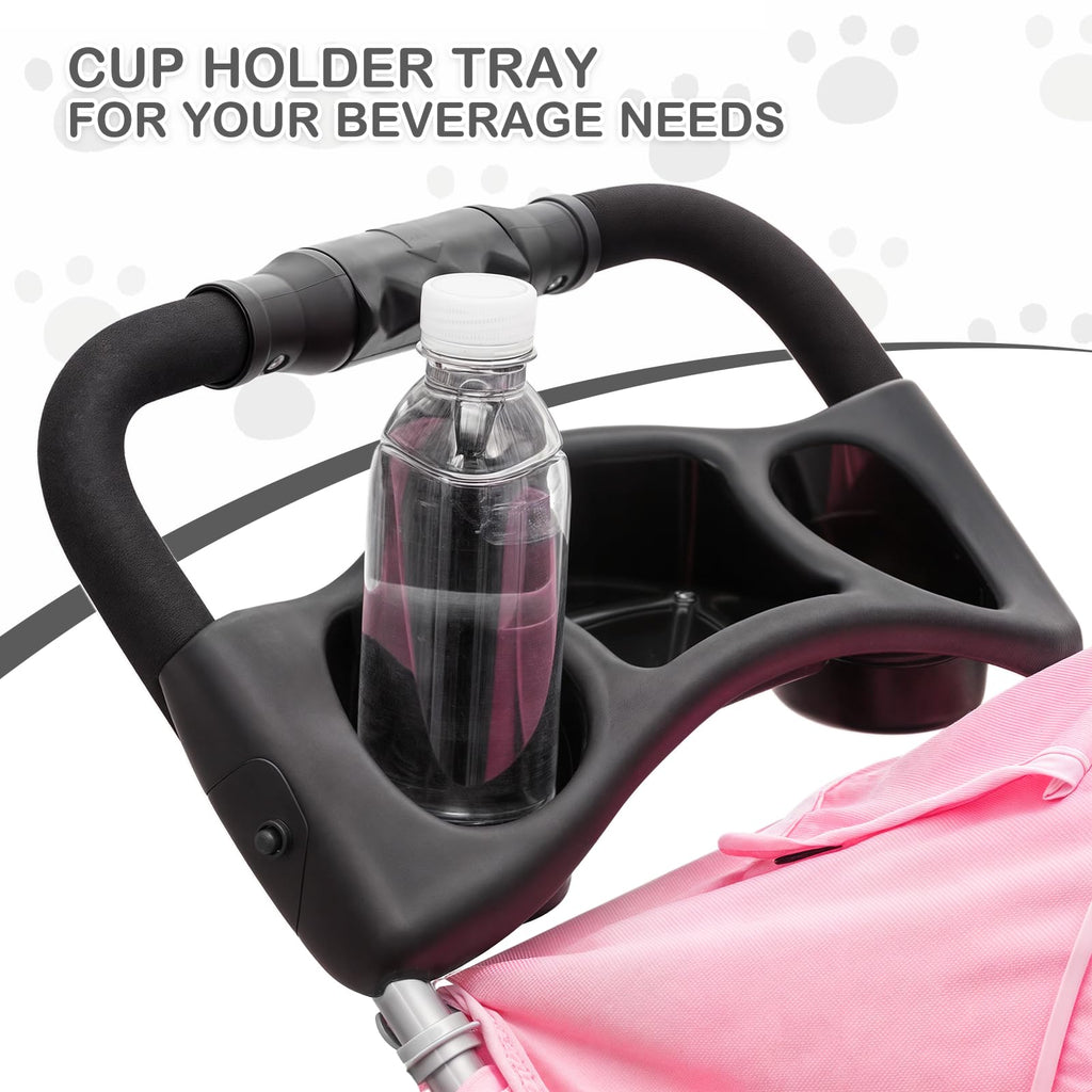 MoNiBloom 3-Wheels Foldable Pet Stroller with Waterproof Cover, Pet Strolling Cart for Small/Medium Dogs and Cats with Storage Basket and Cup Holder, Breathable and Visible Mesh for All-Season, Pink