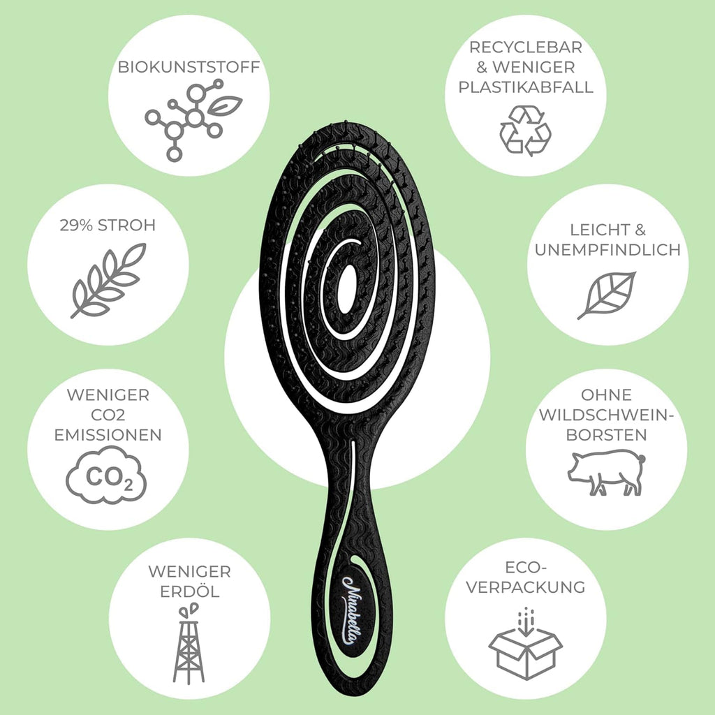 Ninabella Bio Haarbürste ohne Ziepen für Damen, Herren & Kinder - Entwirrbürste auch für Locken & Lange Haare - Einzigartige Profi Detangler-Bürste mit Spiralfeder - Schwarz