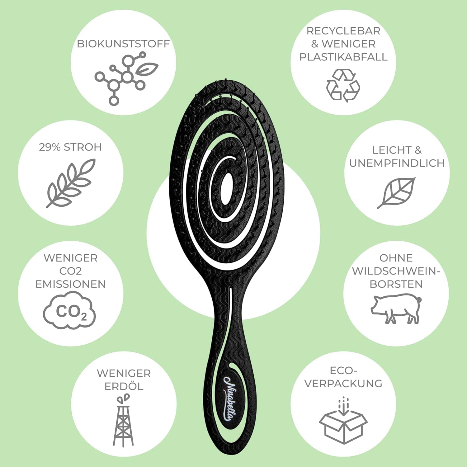 Ninabella Bio Haarbürste ohne Ziepen für Damen, Herren & Kinder - Entwirrbürste auch für Locken & Lange Haare - Einzigartige Profi Detangler-Bürste mit Spiralfeder - Schwarz