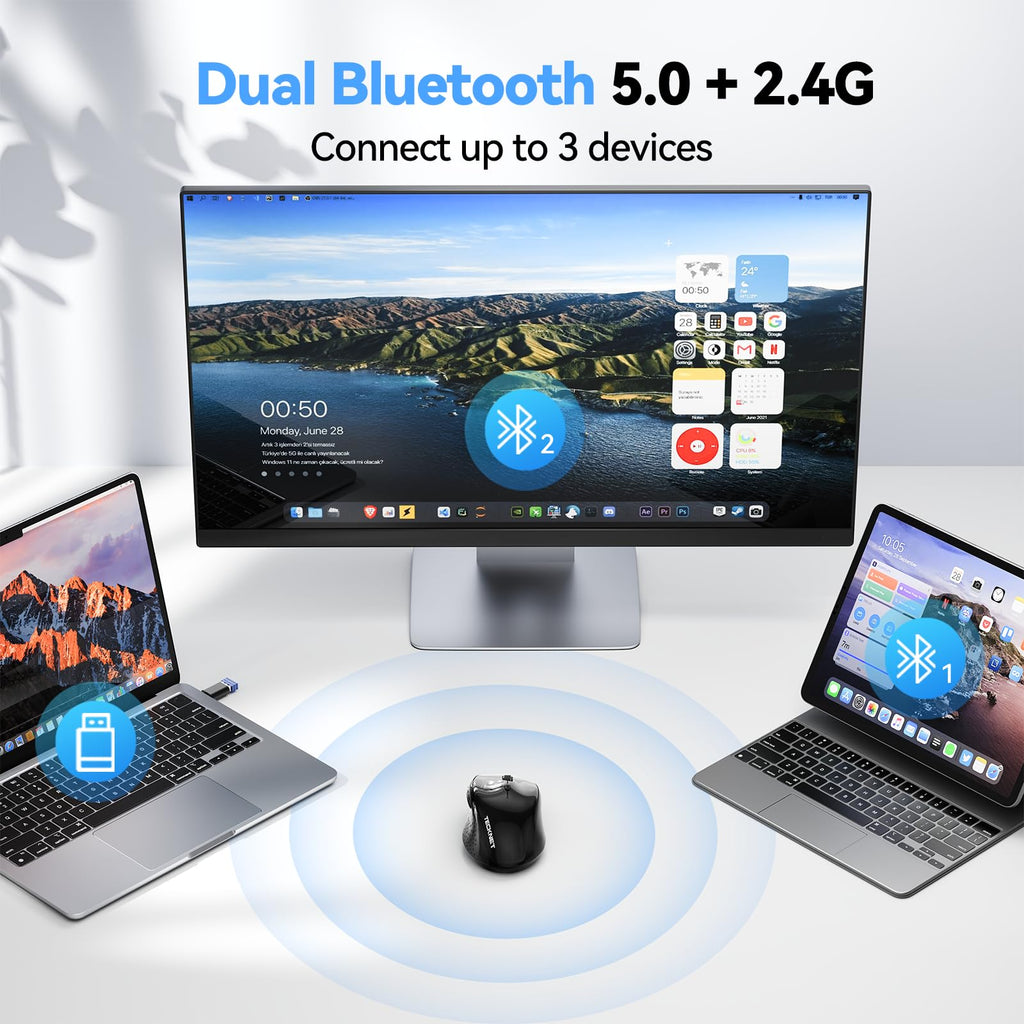 TECKNET Pro Bluetooth Mouse, Tri-Mode Rechargeable Mouse with USB-C Adapter