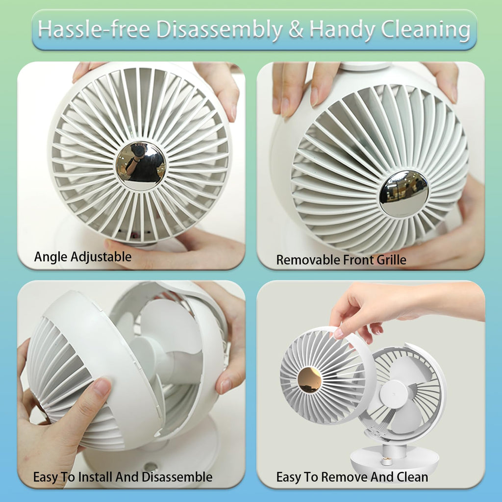 Desk Fan, 5600mAh Adjustable Angle Battery Operated Fan with 3 Wind Speed Safety Child Lock Low Power Reminder, Low Nosie Portable Fan for Bedroom Home Office (White)