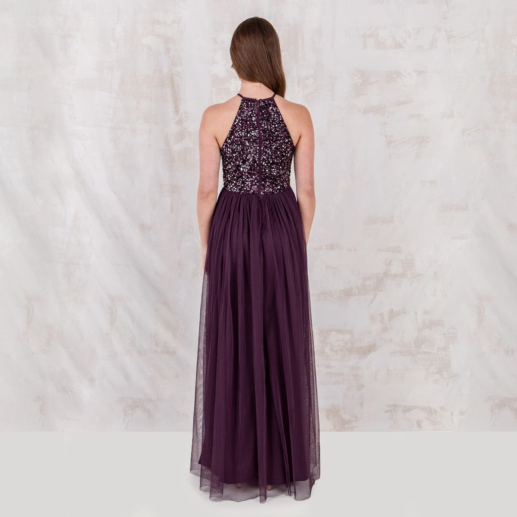 Maya Deluxe Maya Berry Embellished Halter Neck Maxi Dress Vestido de Dama de Honor, 12 para Mujer