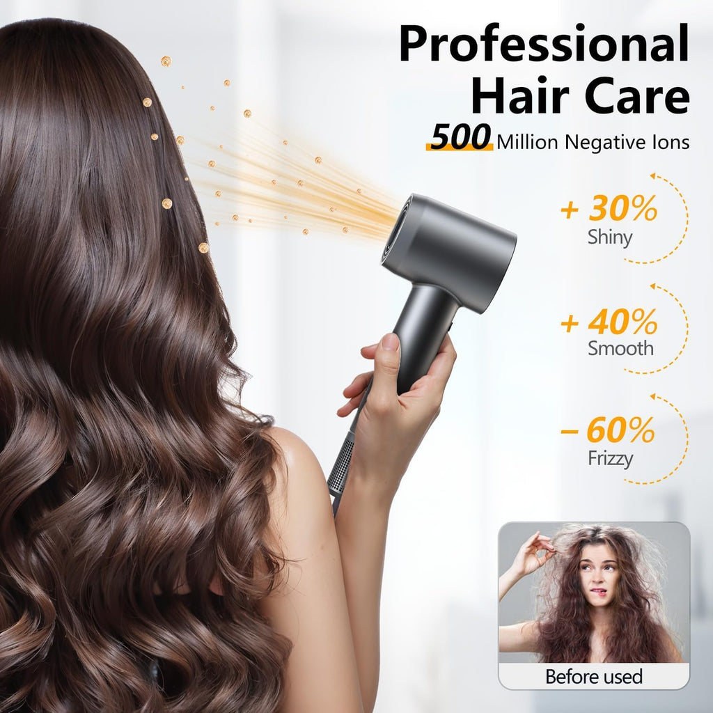 Professional High-Speed Hair Dryer, 160000 RPM Brushless Motor Blow Dryer, 500M Negative Ions for Hair Protection, 4 Heat & Speed Settings, Thermo-Control Hairdryer, Lightweight, Low Noise, Magnetic Nozzle & Diffuser, Grey