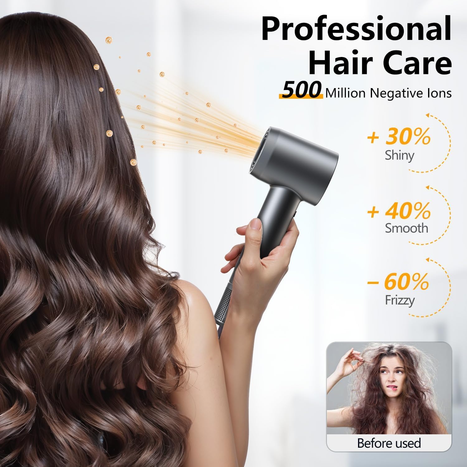 Professional High-Speed Hair Dryer, 160000 RPM Brushless Motor Blow Dryer, 500M Negative Ions for Hair Protection, 4 Heat & Speed Settings, Thermo-Control Hairdryer, Lightweight, Low Noise, Magnetic Nozzle & Diffuser, Grey