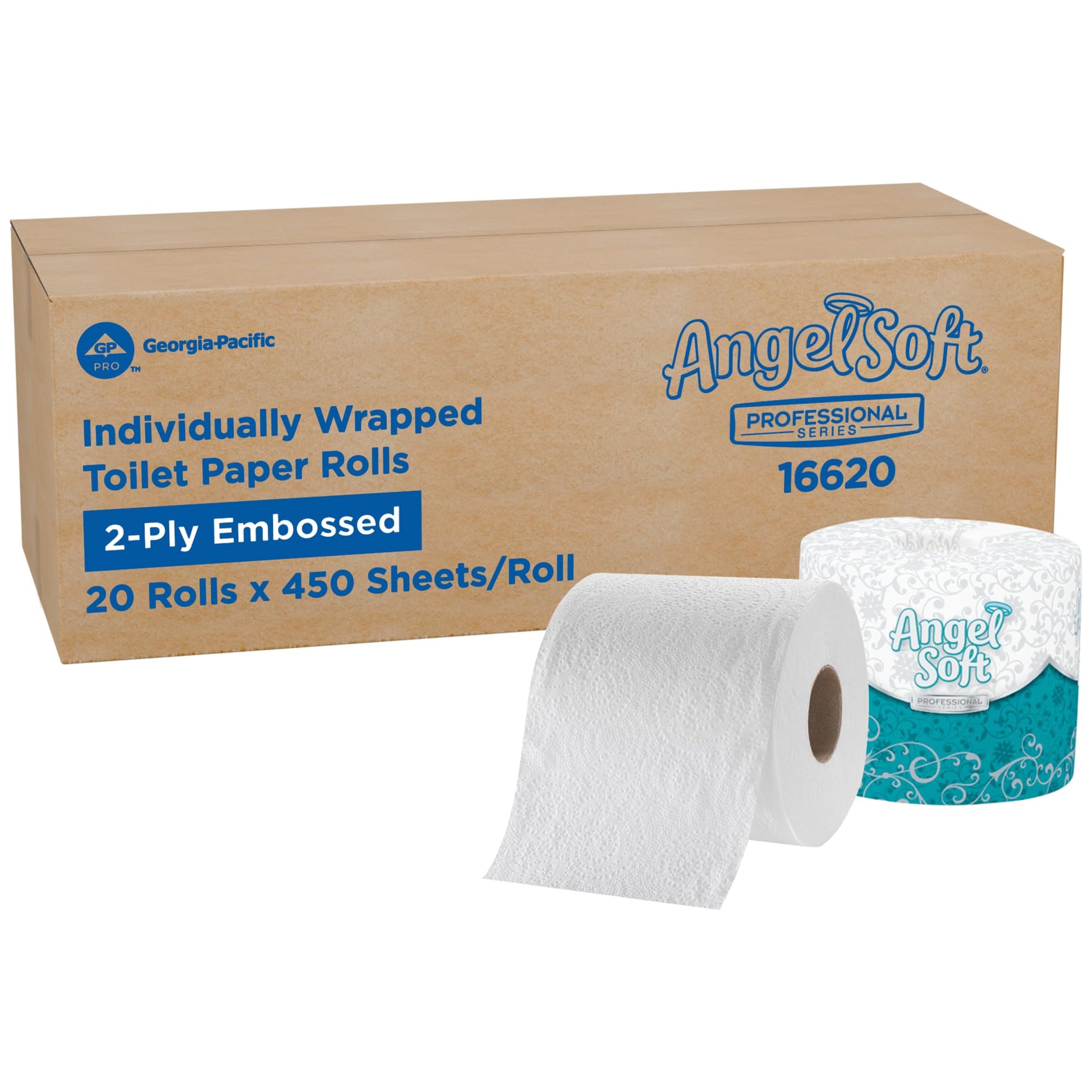 Angel Soft Professional Series by Georgia-Pacific PRO 2-Ply Embossed Toilet Paper, White, Individually Wrapped, 450 Sheets Per Roll, 20 Toilet Tissue Rolls Per Case, 16620