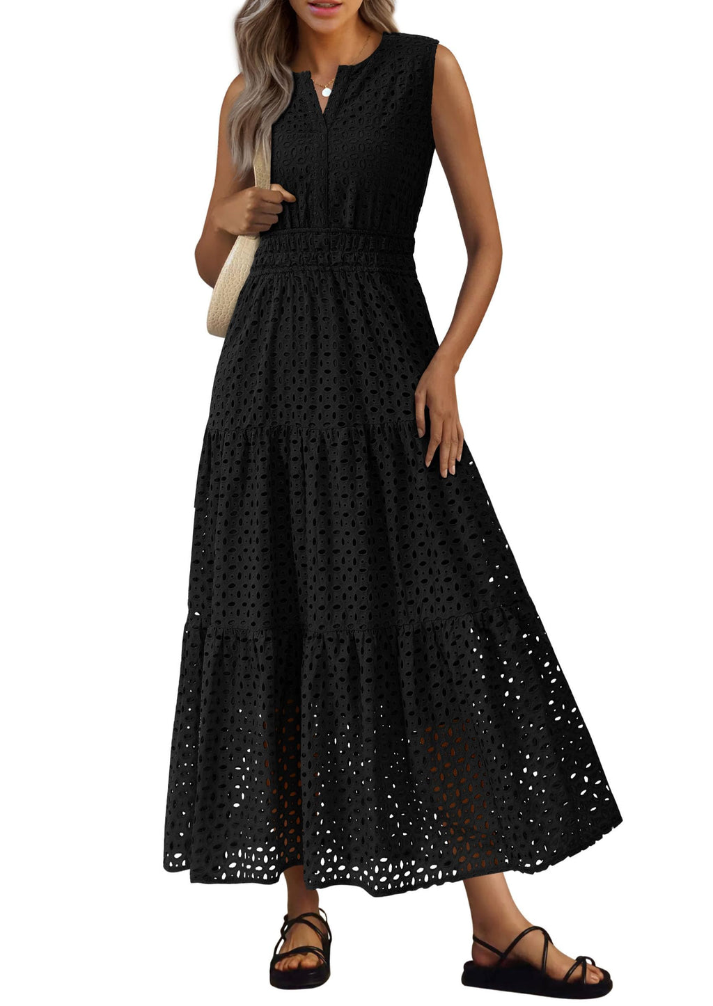 PRETTYGARDEN Womens 2026 Summer Maxi Dresses Sleeveless Sundresses V Neck Eyelet A Line Long Flowy Spring Wedding Guest Dress (Black,Large)