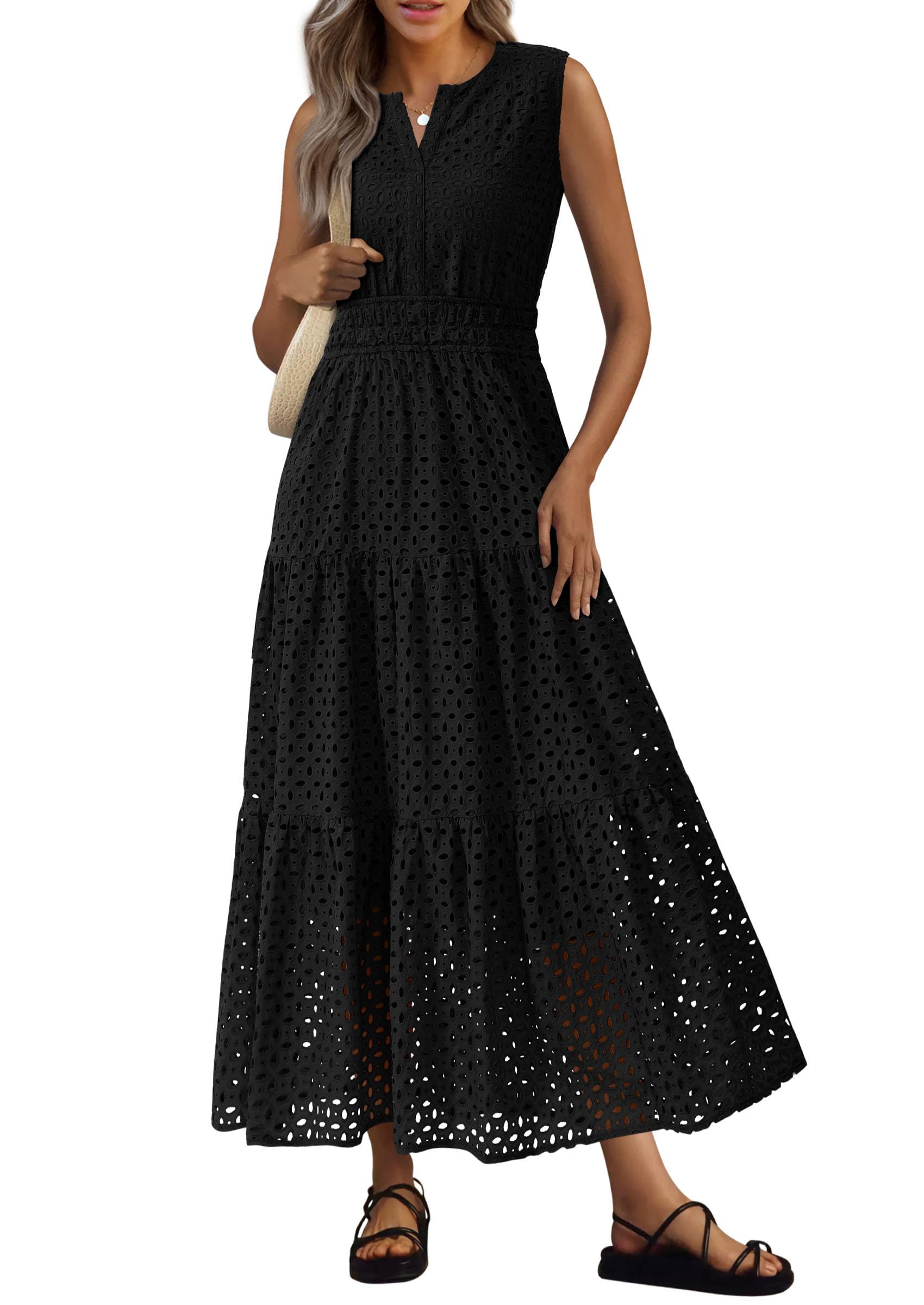 PRETTYGARDEN Womens 2026 Summer Maxi Dresses Sleeveless Sundresses V Neck Eyelet A Line Long Flowy Spring Wedding Guest Dress (Black,Large)