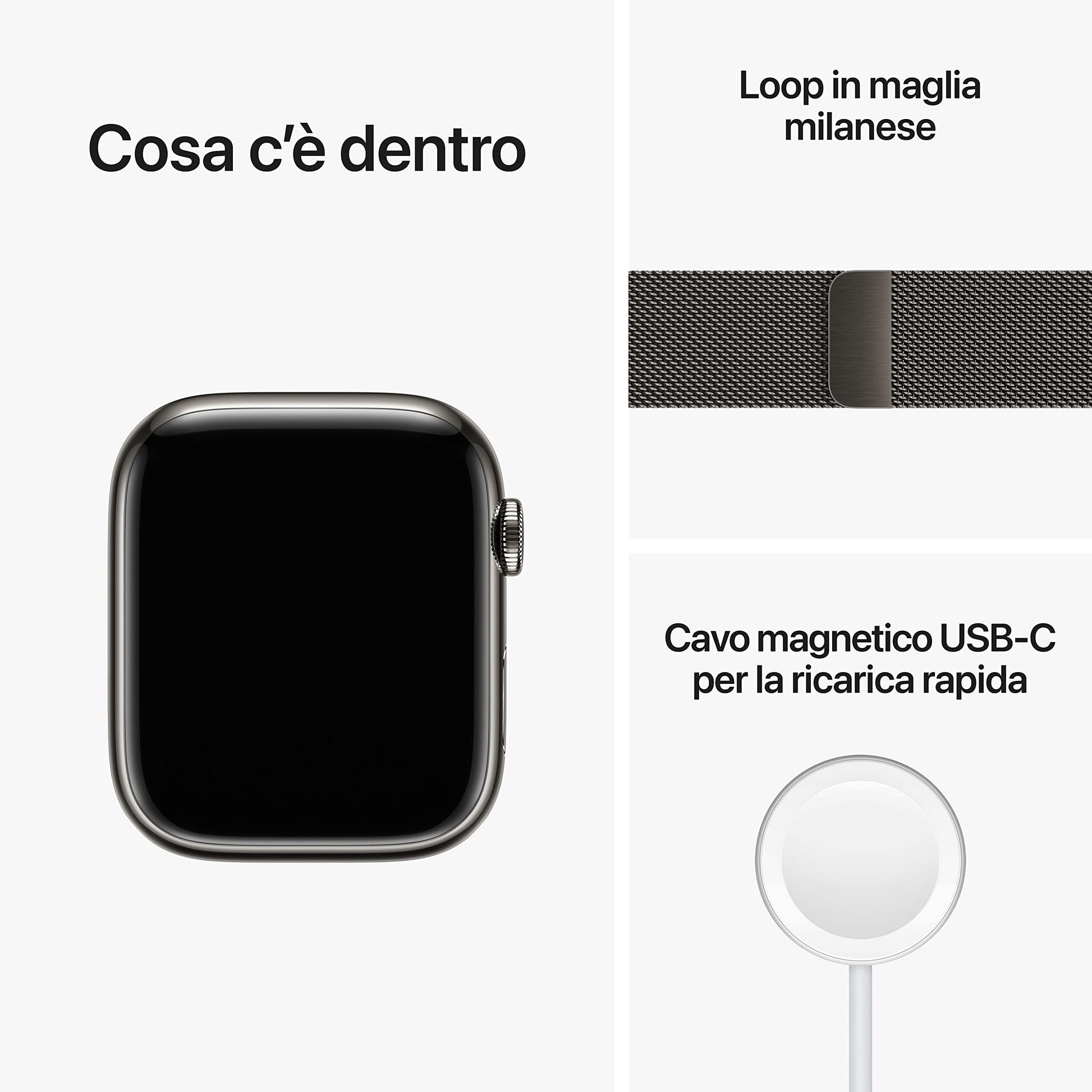 Apple Watch Series 8 (GPS + Cellular, 45mm) Smartwatch con cassa in acciaio inossidabile color grafite con Loop in maglia milanese color grafite. Fitness tracker, app Livelli O₂, resistente all’acqua