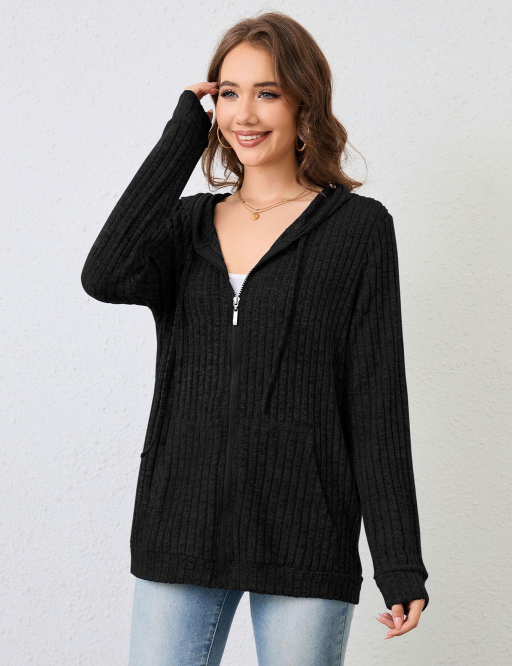 Flikity Zip Hoodie Damen Reißverschluss Sweatjacke mit Kapuze Dünne Jacke