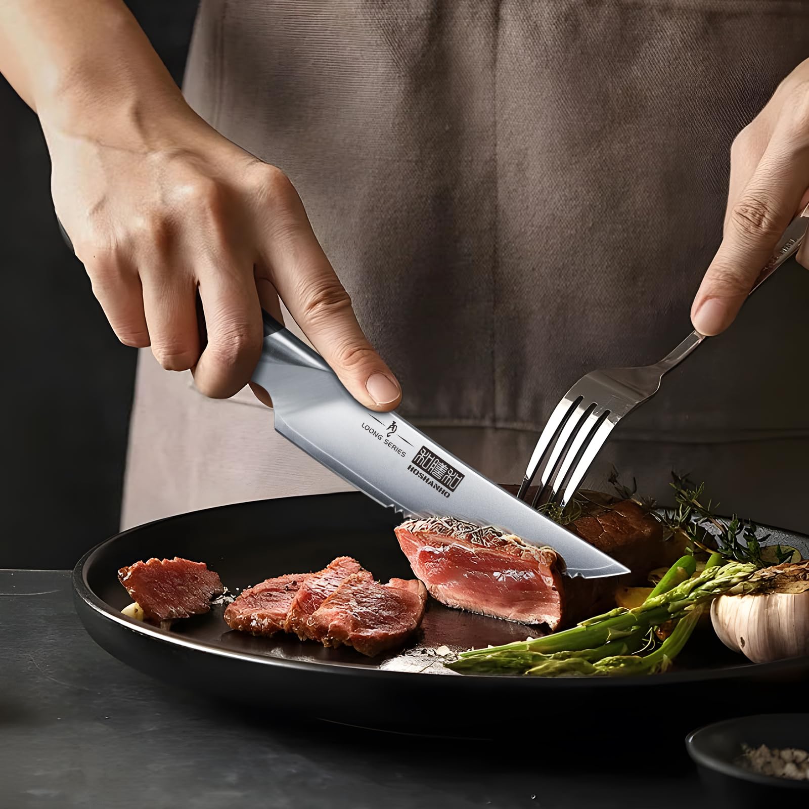 HOSHANHO Juego Cuchillo de Carne 6 Piezas, Ultra Afilados de 11.5 CM, Cuchillos de Mesa Serrados, Cuchillos de Bistec Japoneses de Acero de alto Carbono con Mango Ergonómico