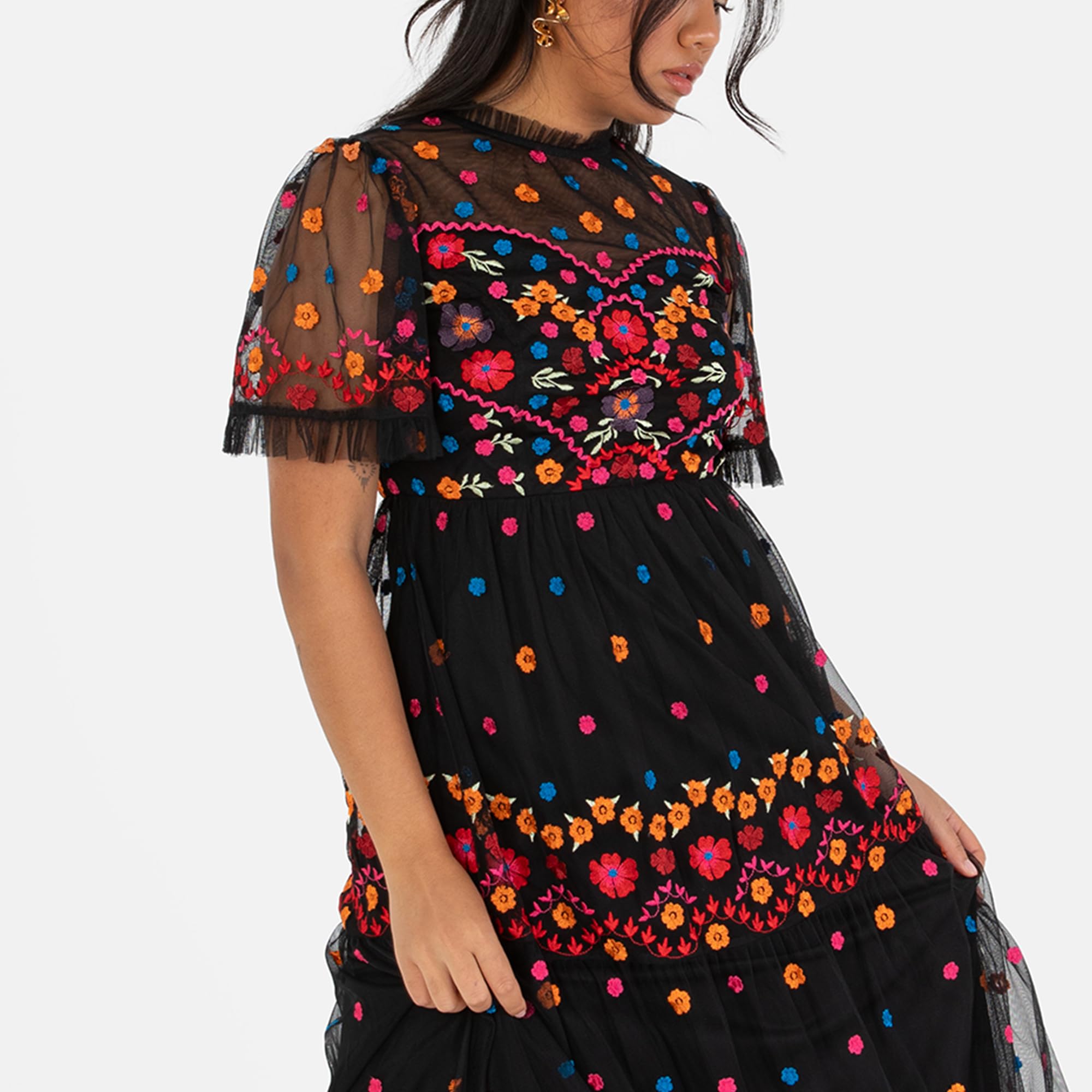 Maya Deluxe Women's Ladies Maxi Dress Short Sleeve High Neck Embroidered Ruffle Frilly Tulle A-Line For Occasion Evening Ball Gown Vestido, Negro, 42 para Mujer