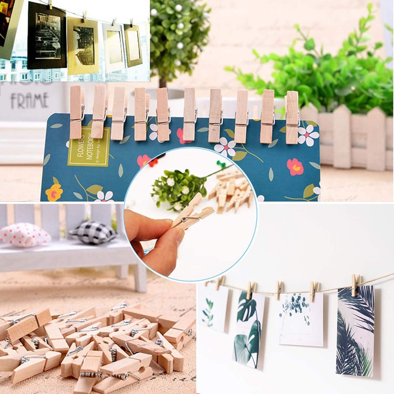 ecofynd 30 pcs Mini Natural Wood Pin for Photos, Wooden Small Photo Clips, Mini Close Pins for Pictures, Display Artwork, Little Baby Shower (CS3002) (30 Pieces + Jute Rope, Natural Clips)