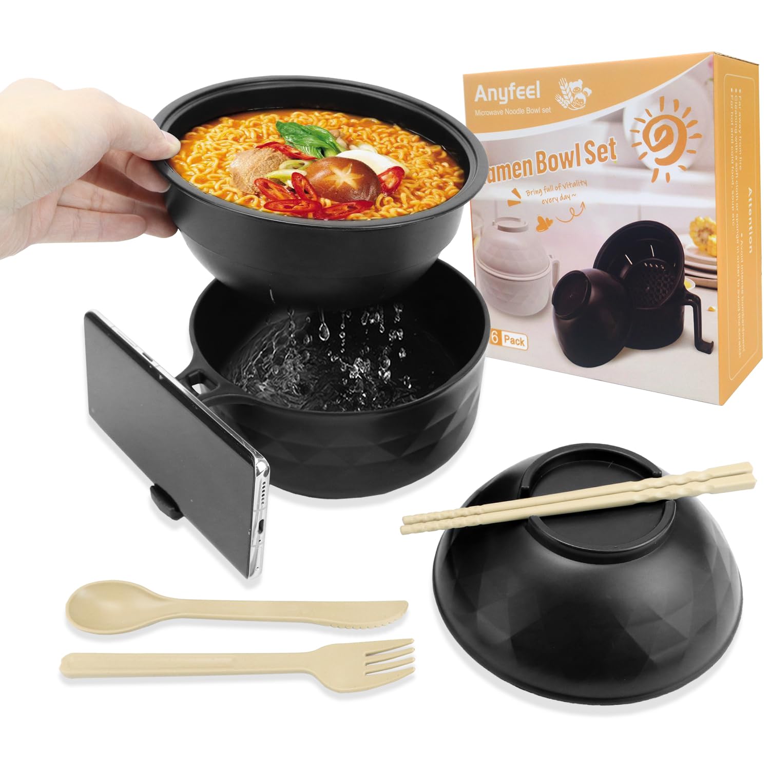 Anyfeel Microwave Ramen Bowl 6-piece Set Ramen Bowl Set Ramen Cooker with Phone Holder Dishwasher Safe for College Dorm Room Office Instant Cooking (black)