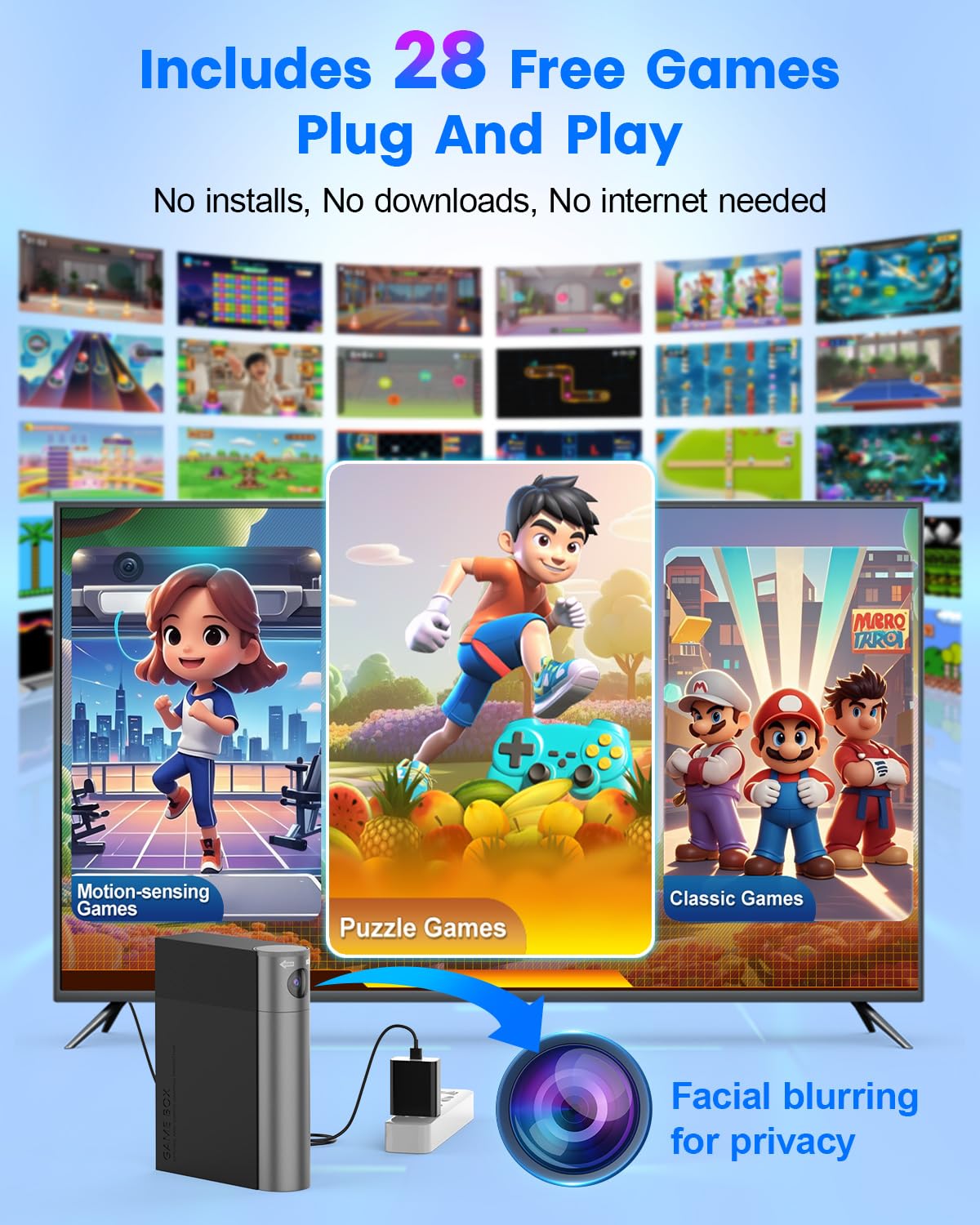 MetFut AR Motion Consola de juegos - Sistema de videojuegos Plug & Play para niños y familias. Ideal para juegos físicos en interiores, diversión interactiva familiar, fiestas de juegos, juegos