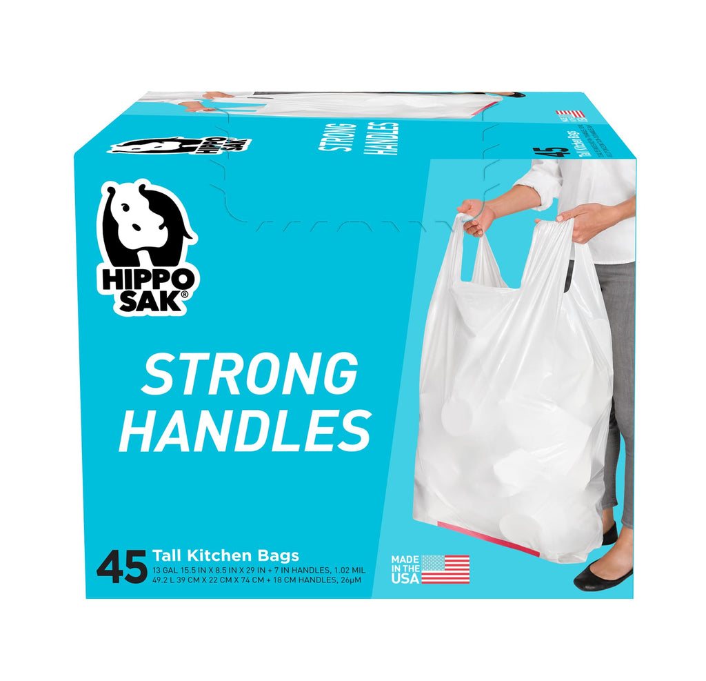 Hippo Sak - Tall Kitchen Garbage Bags with Ergonomic Handles - 13 Gallon Trash Bags - Super Strong, Patented Reinforced Bottom and Leak Proof Tall Kitchen Trash Bags - Heavy Duty Trash Bags (90 Count)