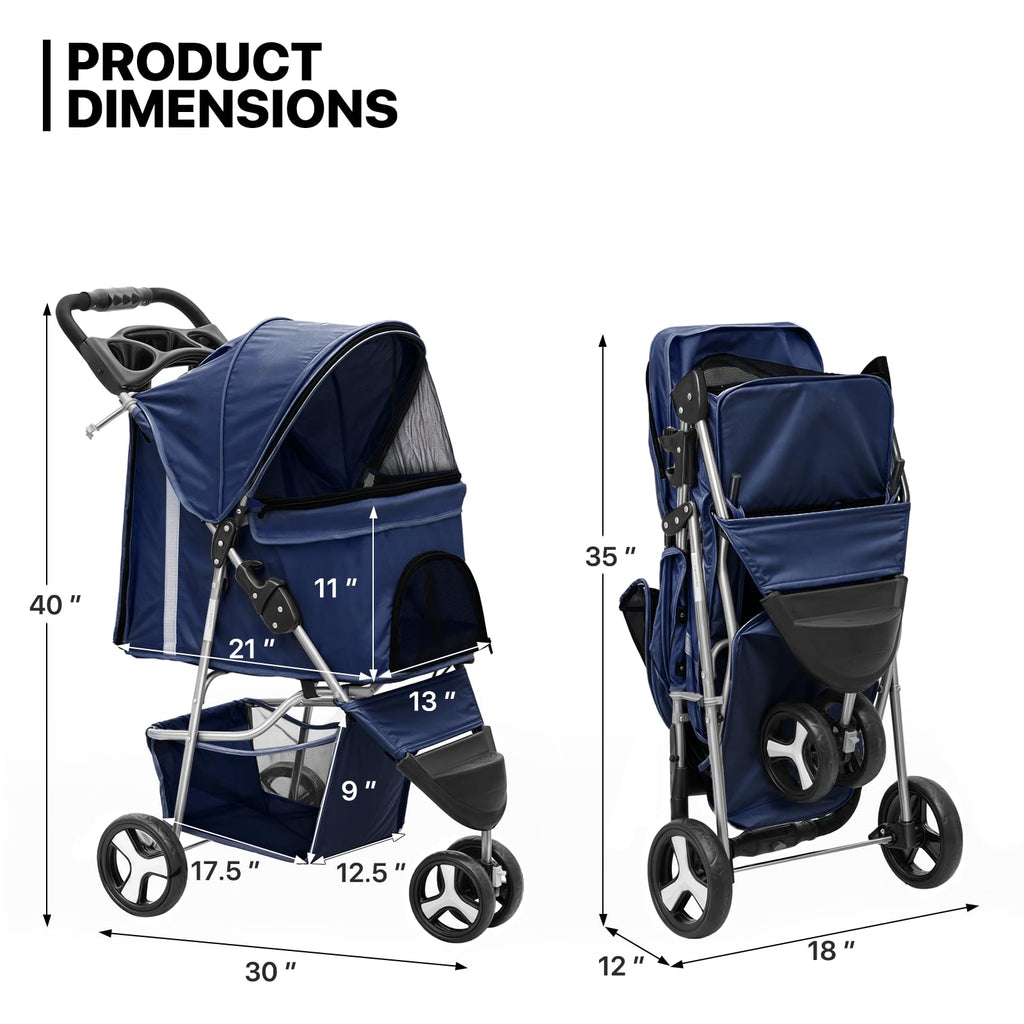 MoNiBloom 3 Wheels Pet Stroller, Foldable Dog Cat Cage Jogger Stroller with Weather Cover for All-Season, Storage Basket and Cup Holder, Breathable and Visible Mesh for Small/Medium Pets, Blue