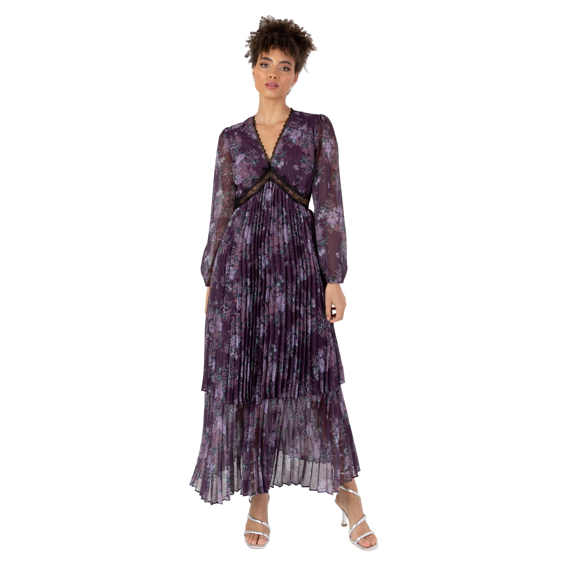 Anaya with Love Women's Midaxi Dress Ladies Long Blouson Sleeve V-Neck Tiered Pleated Lace Insert Empire A-Line Wedding Guest Evening Vestido, Purple Floral, 46 para Mujer