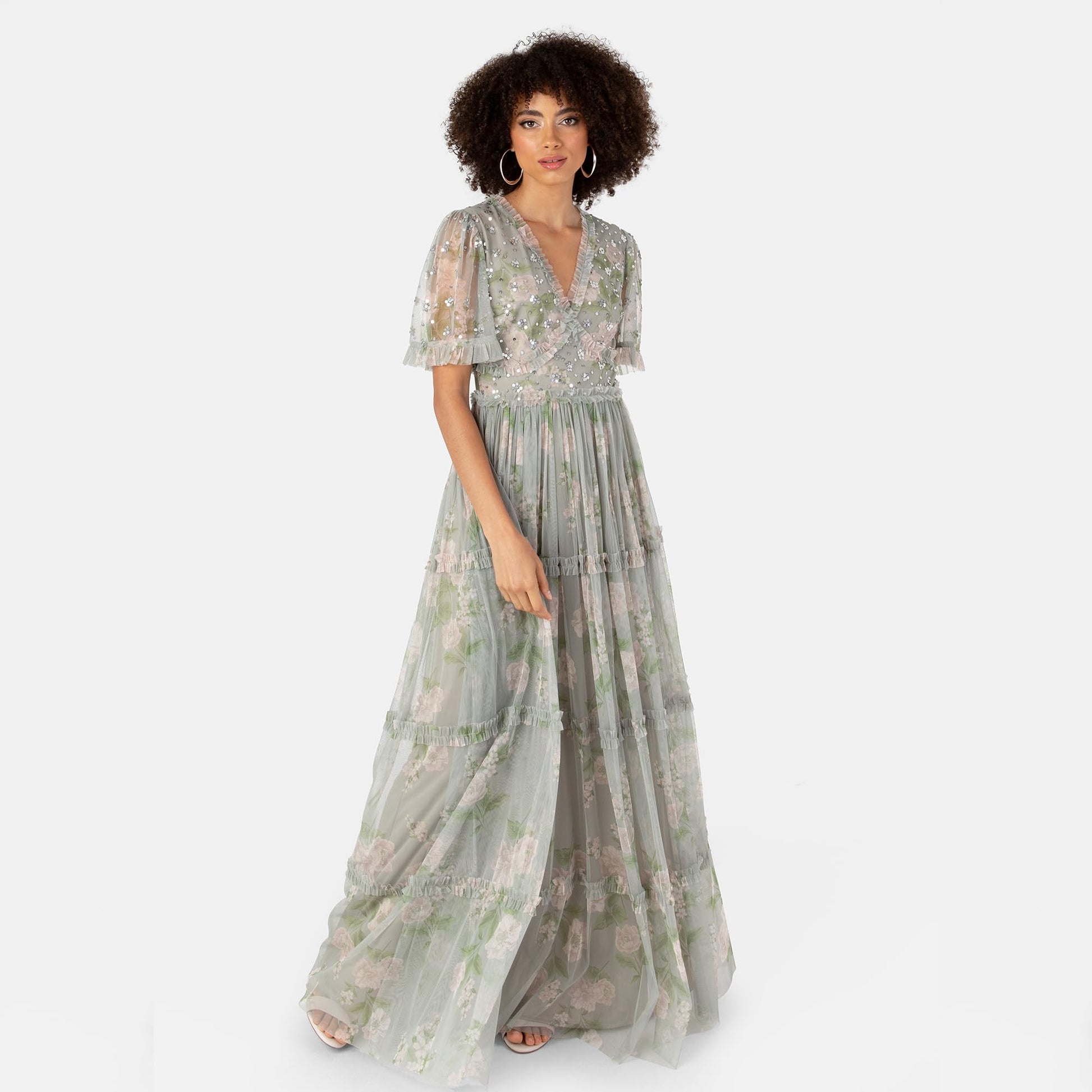 Anaya with Love Women's Maxi Dress Ladies V-Neck Short Angel Sleeves Tiered Ruffle For Bridesmaid Wedding Guest Occasion Prom Ball Gown Vestido, Floral Sage Green, 44 para Mujer