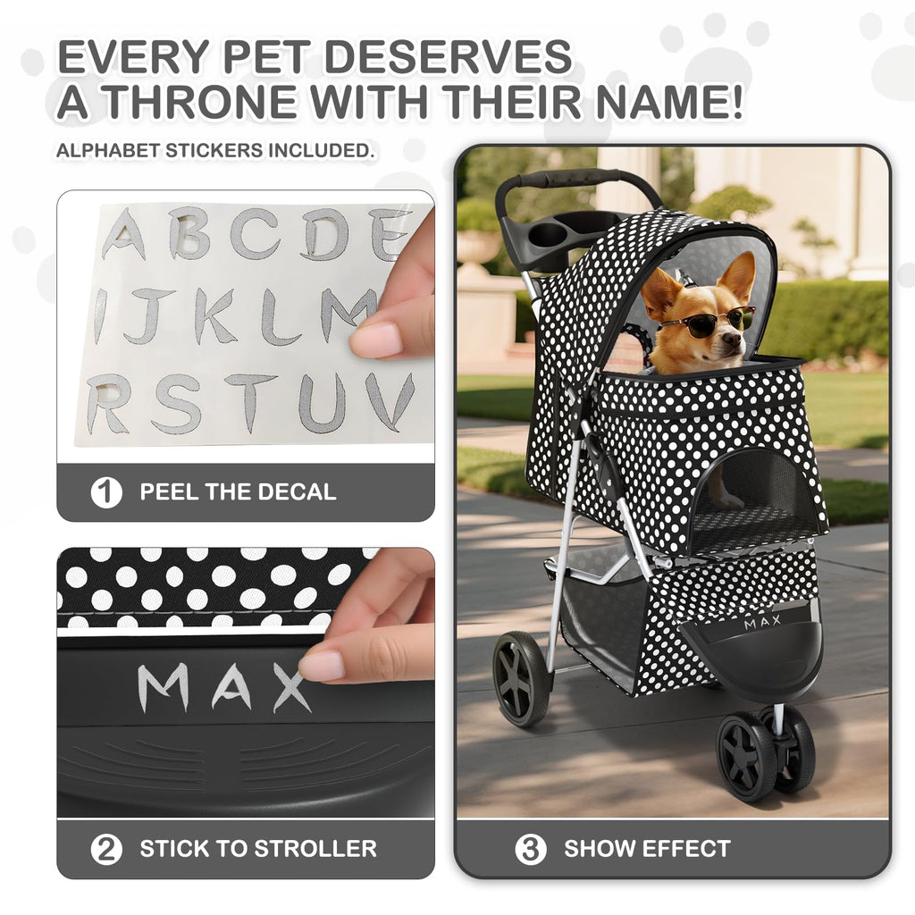 MoNiBloom 3 Wheels Pet Dog Cat Stroller for Small Medium Dogs Cats, Foldable Jogger Stroller w/Storage Basket and Cup Holder, Black Polka Dots