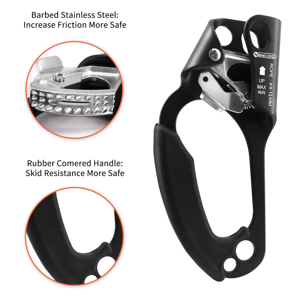 NewDoar Left Hand Ascender Rock Climbing Tree Arborist Rappelling Gear Equipment CE Certified Rope Clamp for 8~12MM Rope(Left Hand Black)