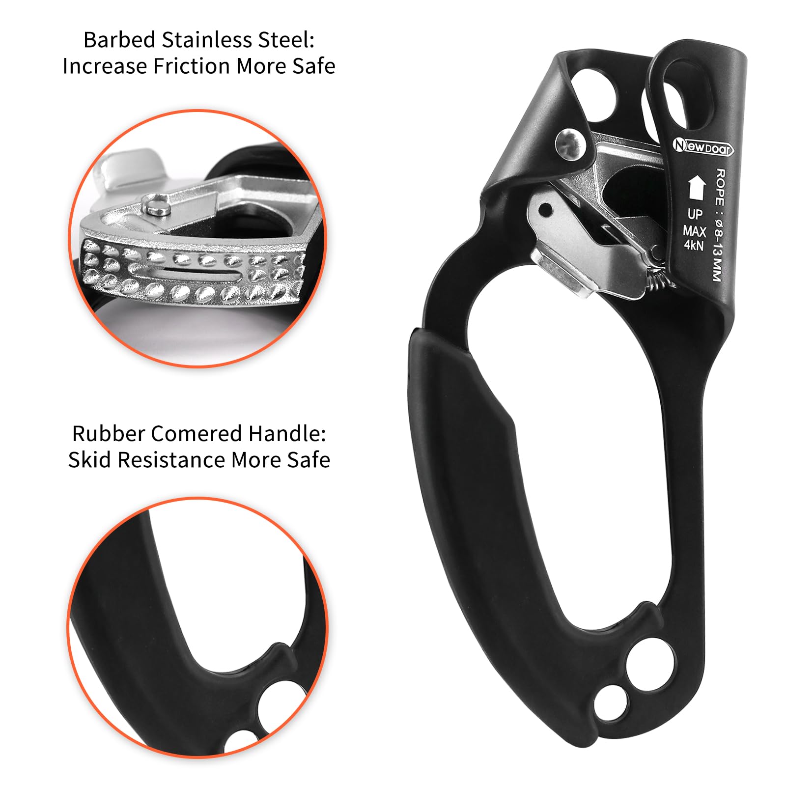 NewDoar Left Hand Ascender Rock Climbing Tree Arborist Rappelling Gear Equipment CE Certified Rope Clamp for 8~12MM Rope(Left Hand Black)