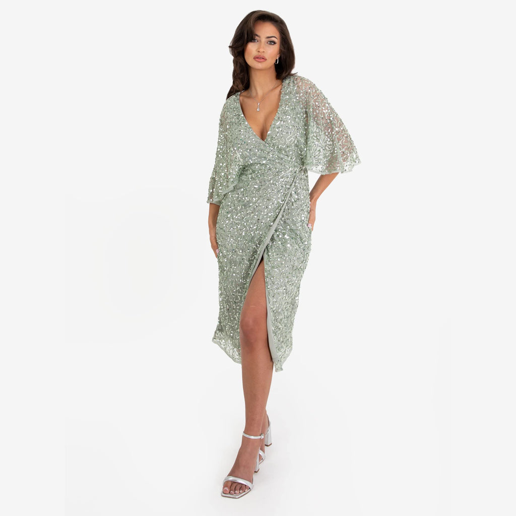 Maya Deluxe Womens Midi Ladies Sequin Embellished Cape Sleeve Wrap Dress for Wedding Guest Bridesmaid Cocktail Prom Evening Vestido, Green Lily, 44 para Mujer
