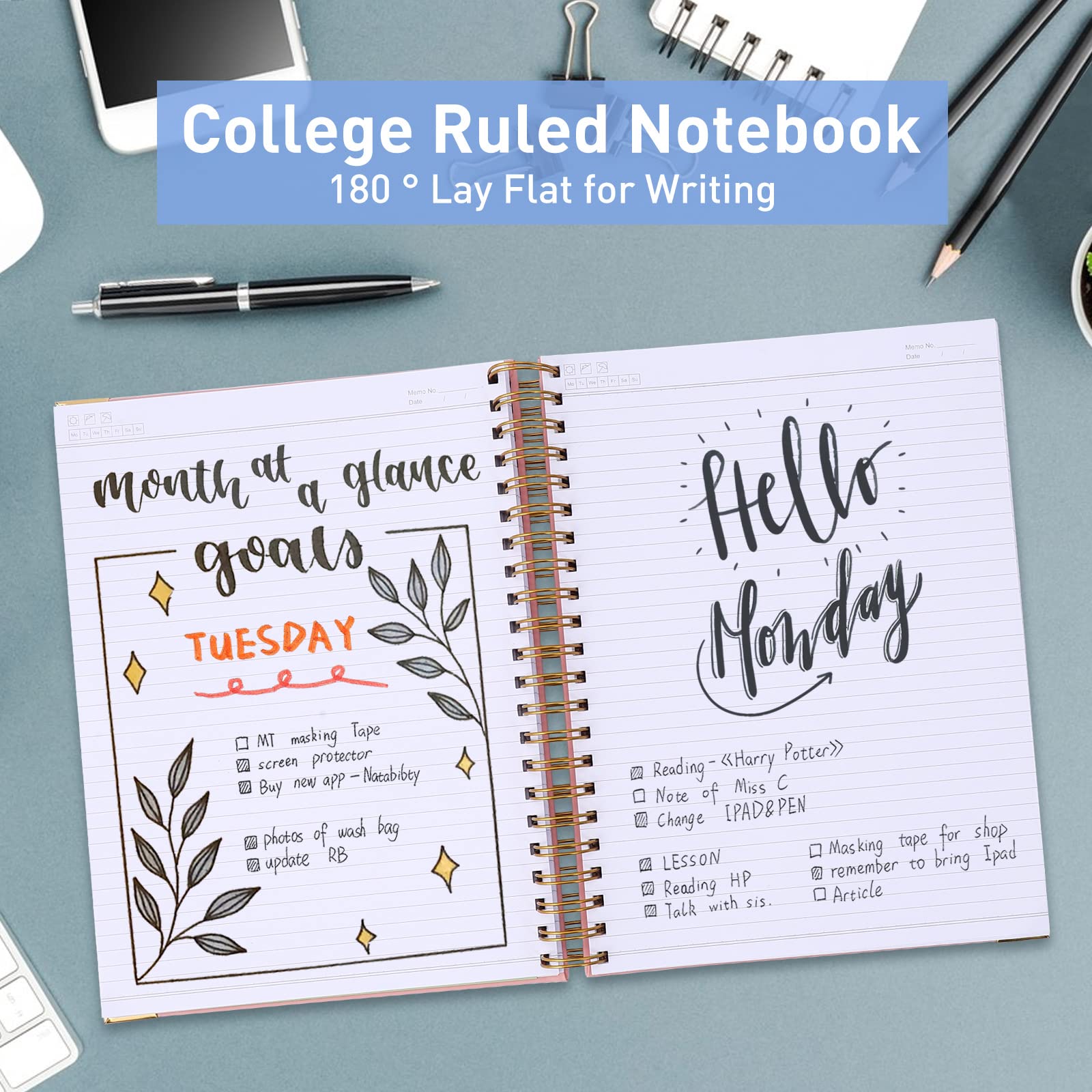 Amanple Spiral Notebook, College Ruled Notebook Journal, 8.5” x 11”, 300 Pages Leather Writing Journal for Women Men, A4 Hardcover Notebook for Work School, 24pcs Index Tabs, Teal