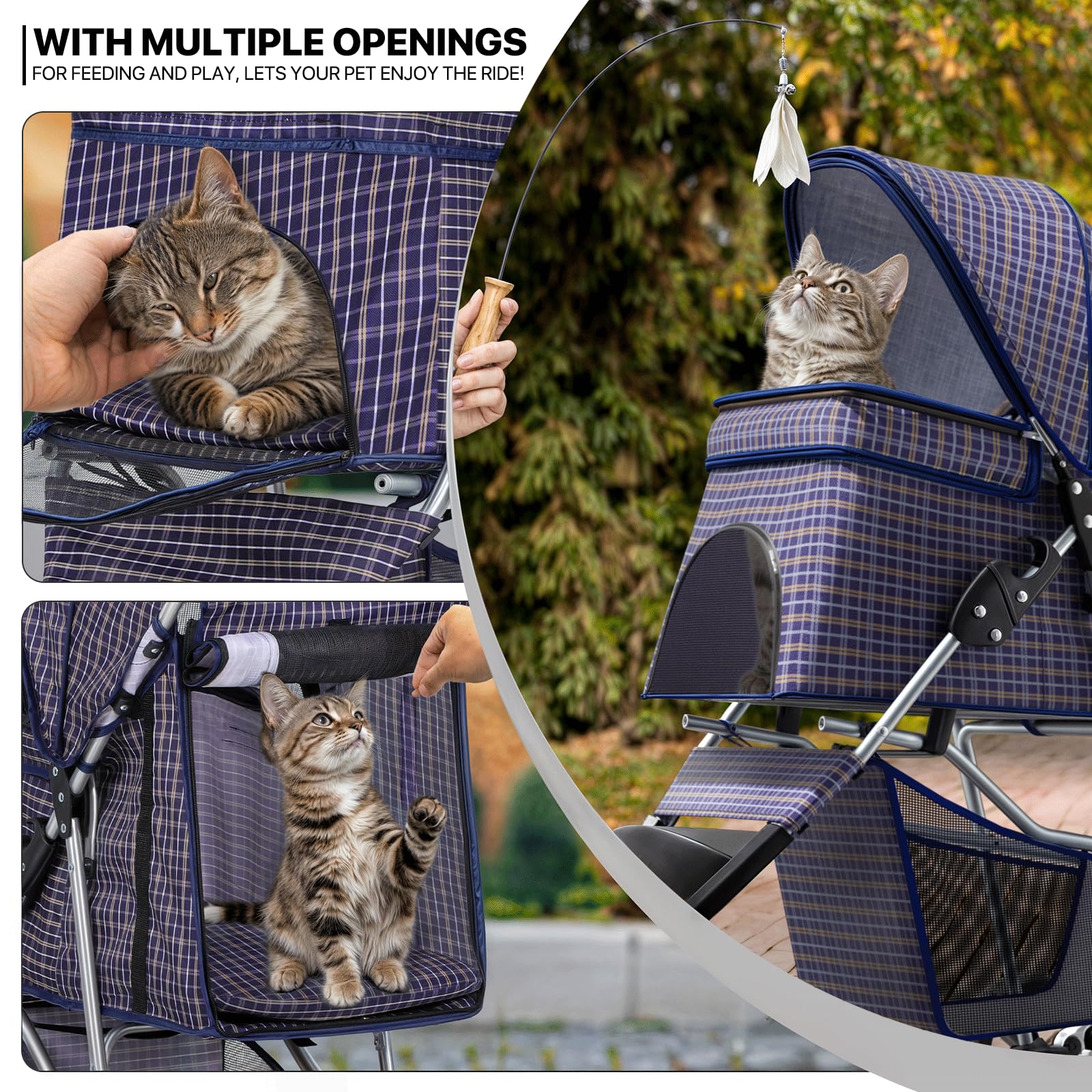 MoNiBloom 3 Wheels Pet Dog Cat Stroller for Small Medium Dogs Cats, Lightweight Foldable Jogger Stroller w/Storage Basket and Cup Holder, Plaid