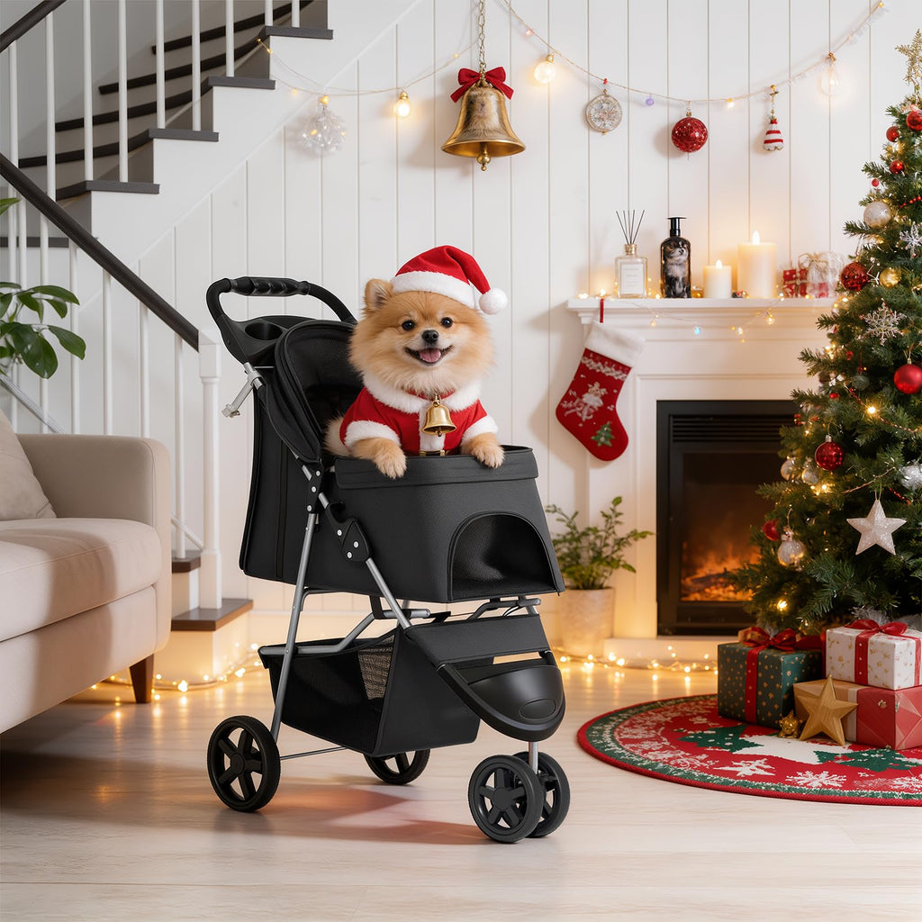 MoNiBloom Foldable Pet Stroller with Weather Cover, 3 Wheels Pet Strolling Cart for Small/Medium Dogs and Cats with Storage Basket and Cup Holder, Breathable and Visible Mesh for All-Season, Black