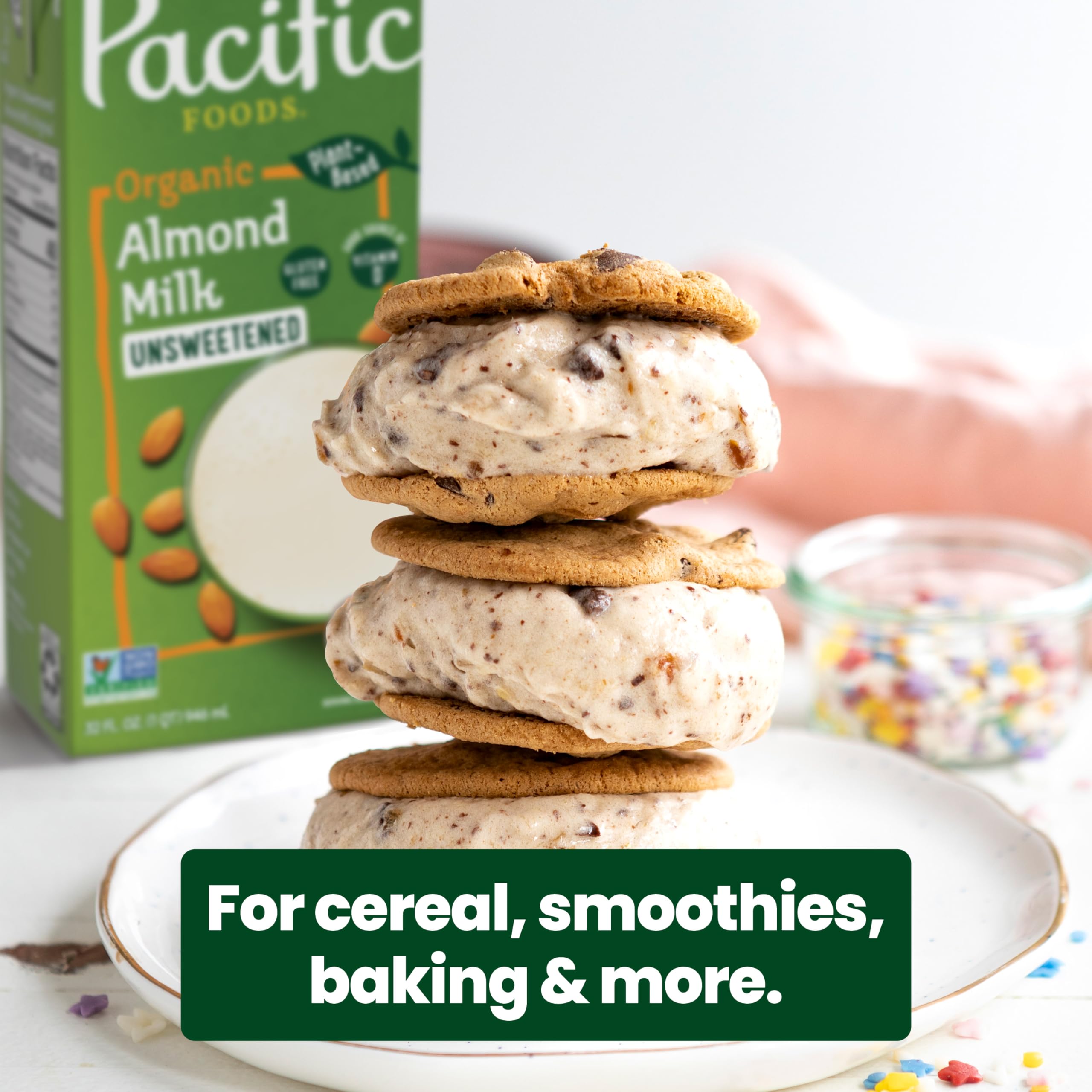 Pacific Foods Organic Unsweetened Almond Milk, Plant Based Milk, 32 oz Carton (12 Pack)