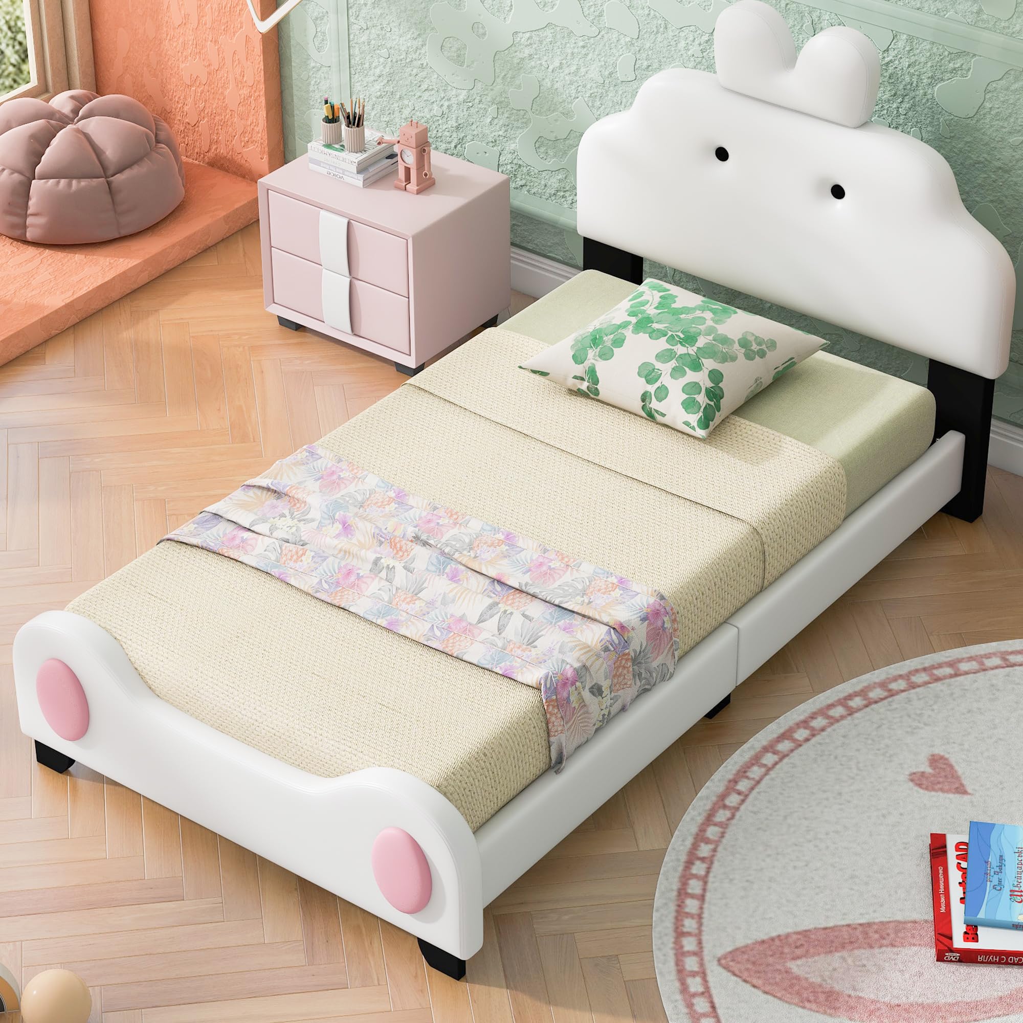 LostCat Full Size Wood Platform Bed Frame with Bear Shaped Headboard and Footboard, Kid Full Size Bed Frame,Wood Full Bed for Kids Teens Girls Boys, No Box Spring Needed, White