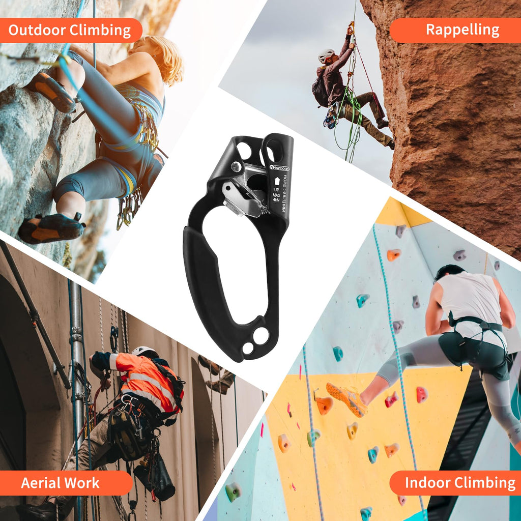NewDoar Left Hand Ascender Rock Climbing Tree Arborist Rappelling Gear Equipment CE Certified Rope Clamp for 8~12MM Rope(Left Hand Black)