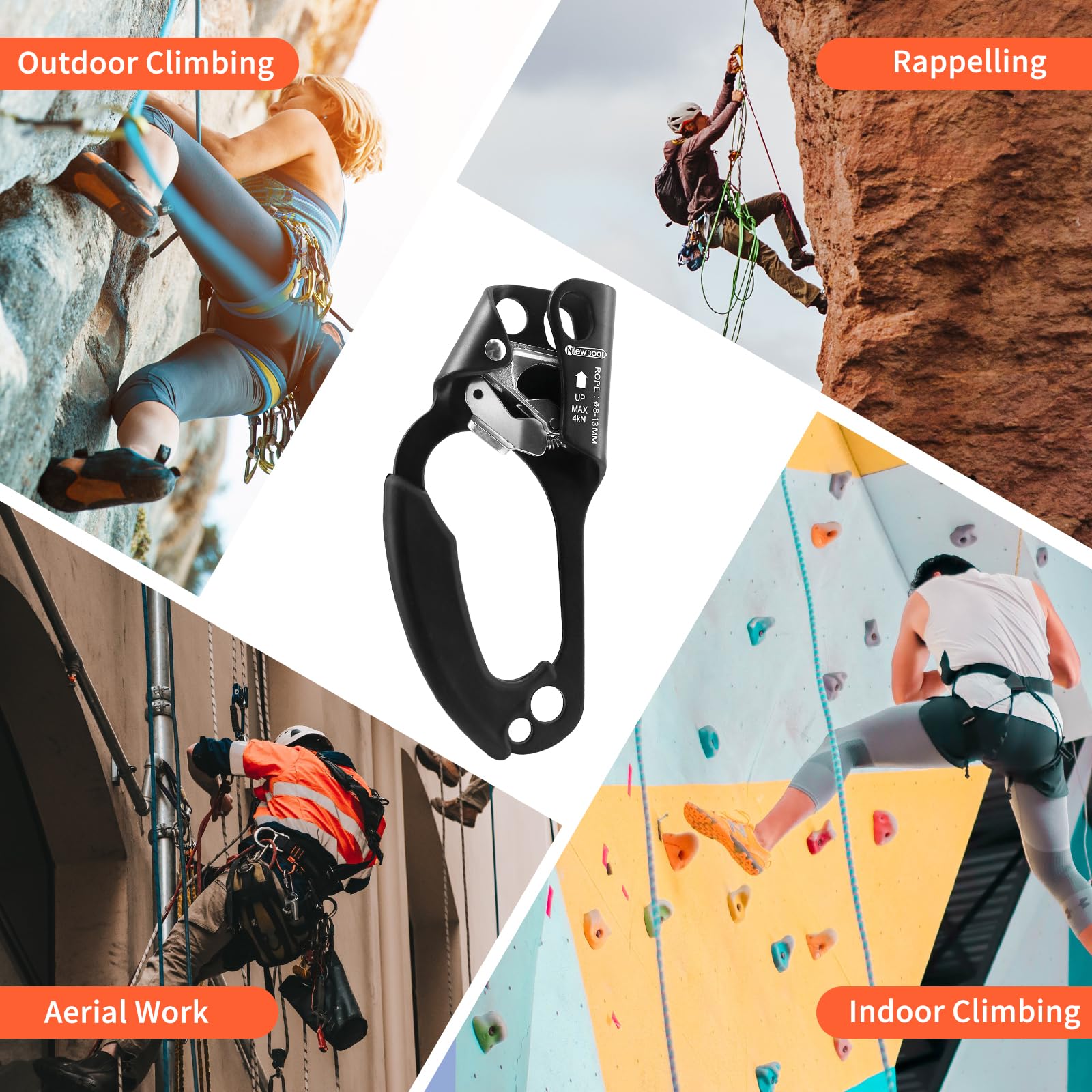 NewDoar Left Hand Ascender Rock Climbing Tree Arborist Rappelling Gear Equipment CE Certified Rope Clamp for 8~12MM Rope(Left Hand Black)