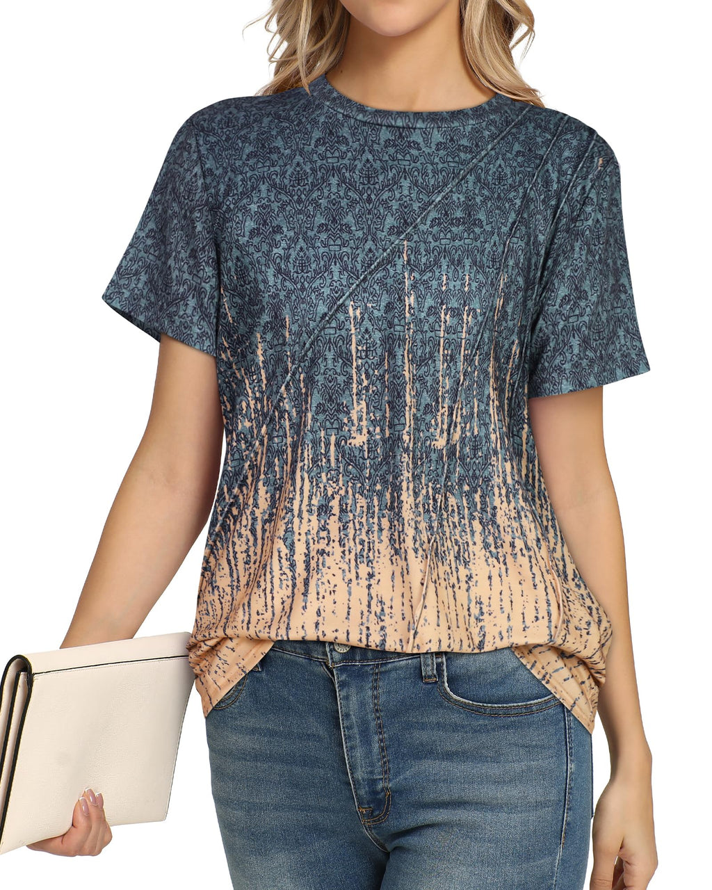 Womens T Shirts Summer Tops Ladies Casual Basic Tees, Ombre Grey Coral,L