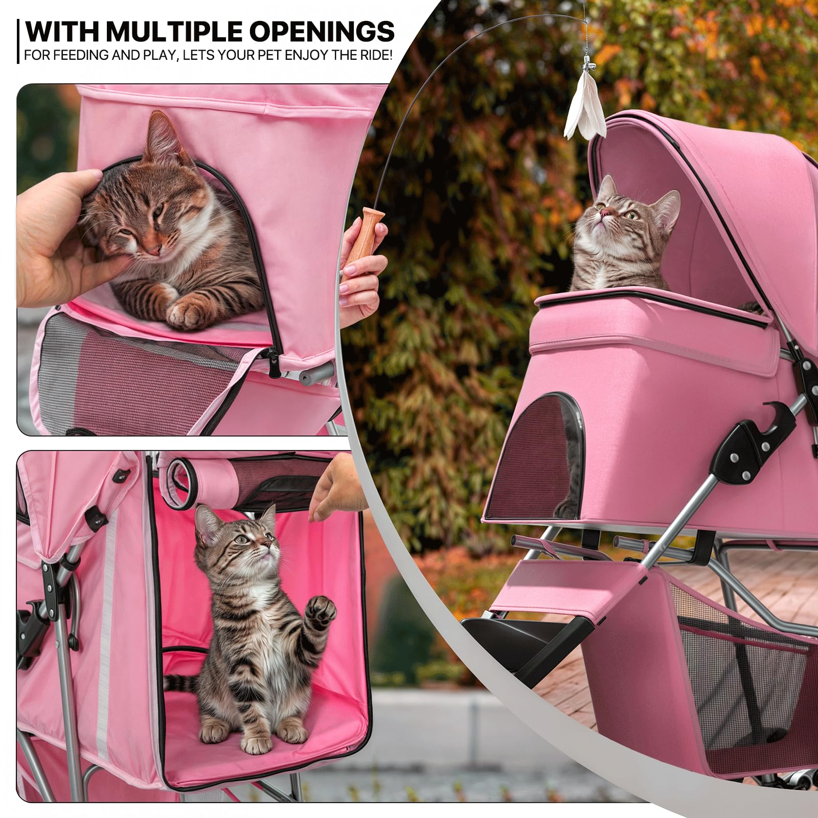 MoNiBloom 3-Wheels Foldable Pet Stroller with Waterproof Cover, Pet Strolling Cart for Small/Medium Dogs and Cats with Storage Basket and Cup Holder, Breathable and Visible Mesh for All-Season, Pink