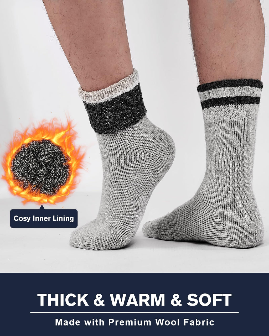 Niorasen Wool Socks for Men, Thick Warm Thermal Socks, Full Terry, 3 pairs