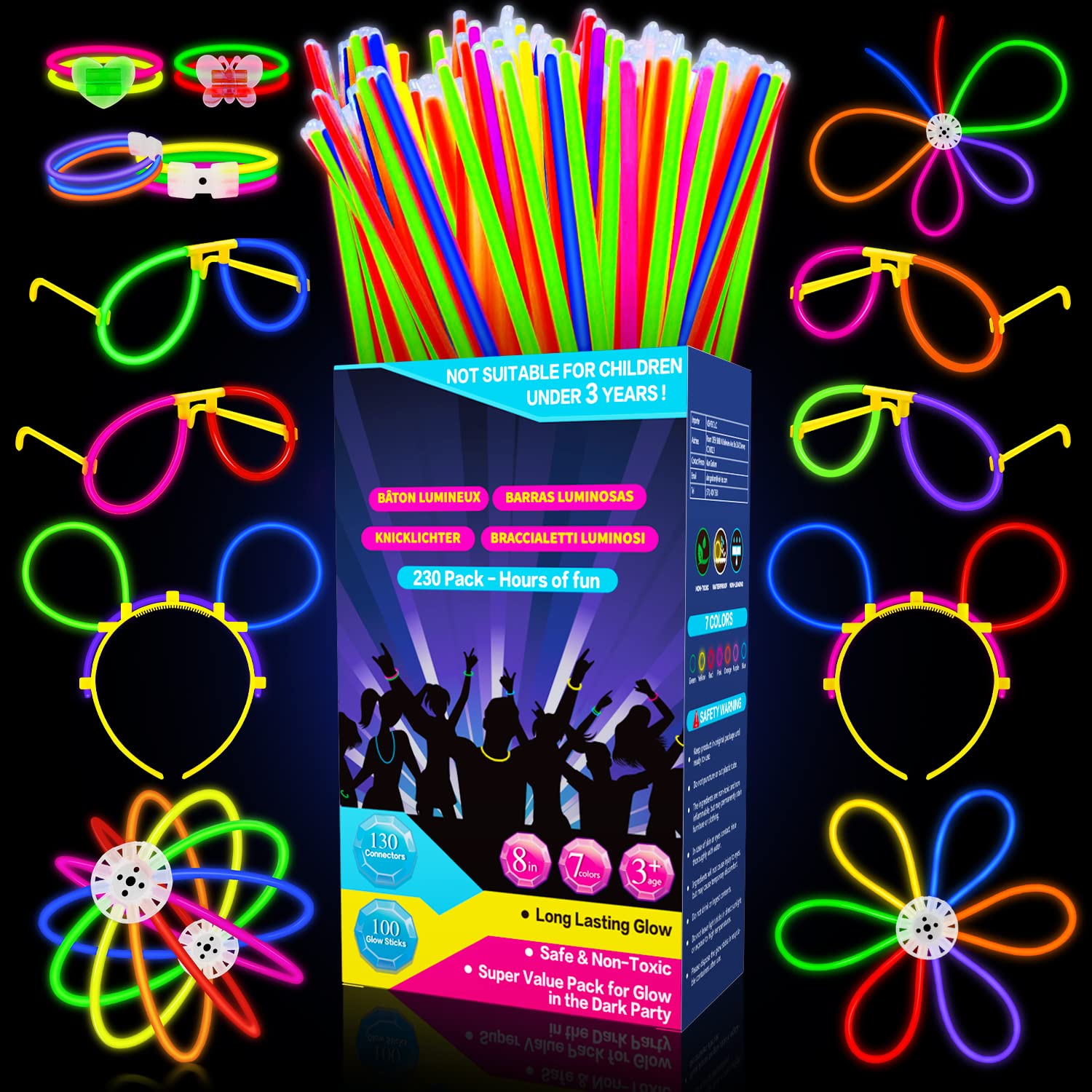 Millegu 230 Glow Sticks Bulk Party Pack, 8" Glow In The Dark Stick Party Supplies, 7 Colors Neon Bracelets Necklaces Eyeglasses, Glowsticks for Kids Adults Halloween July 4th Party Favors