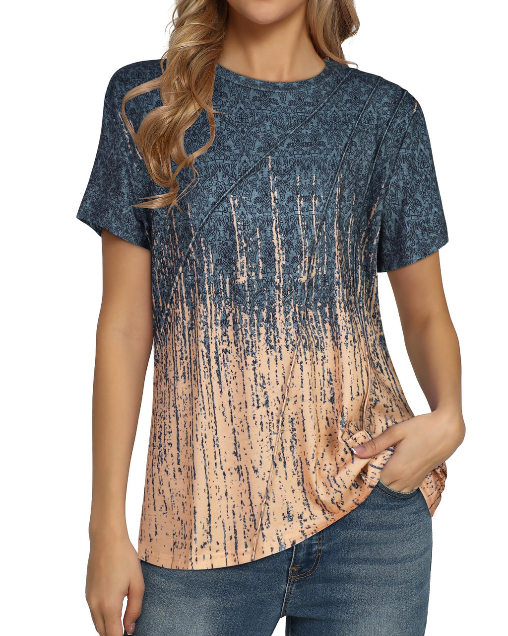 Womens T Shirts Summer Tops Ladies Casual Basic Tees, Ombre Grey Coral,L