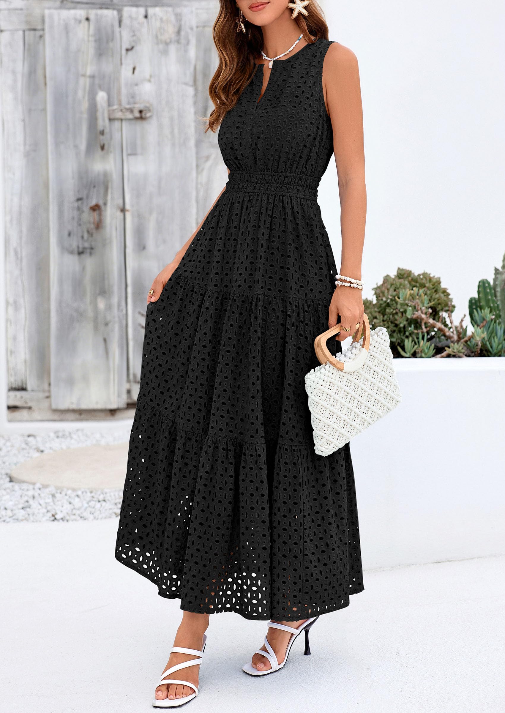 PRETTYGARDEN Womens 2026 Summer Maxi Dresses Sleeveless Sundresses V Neck Eyelet A Line Long Flowy Spring Wedding Guest Dress (Black,Large)