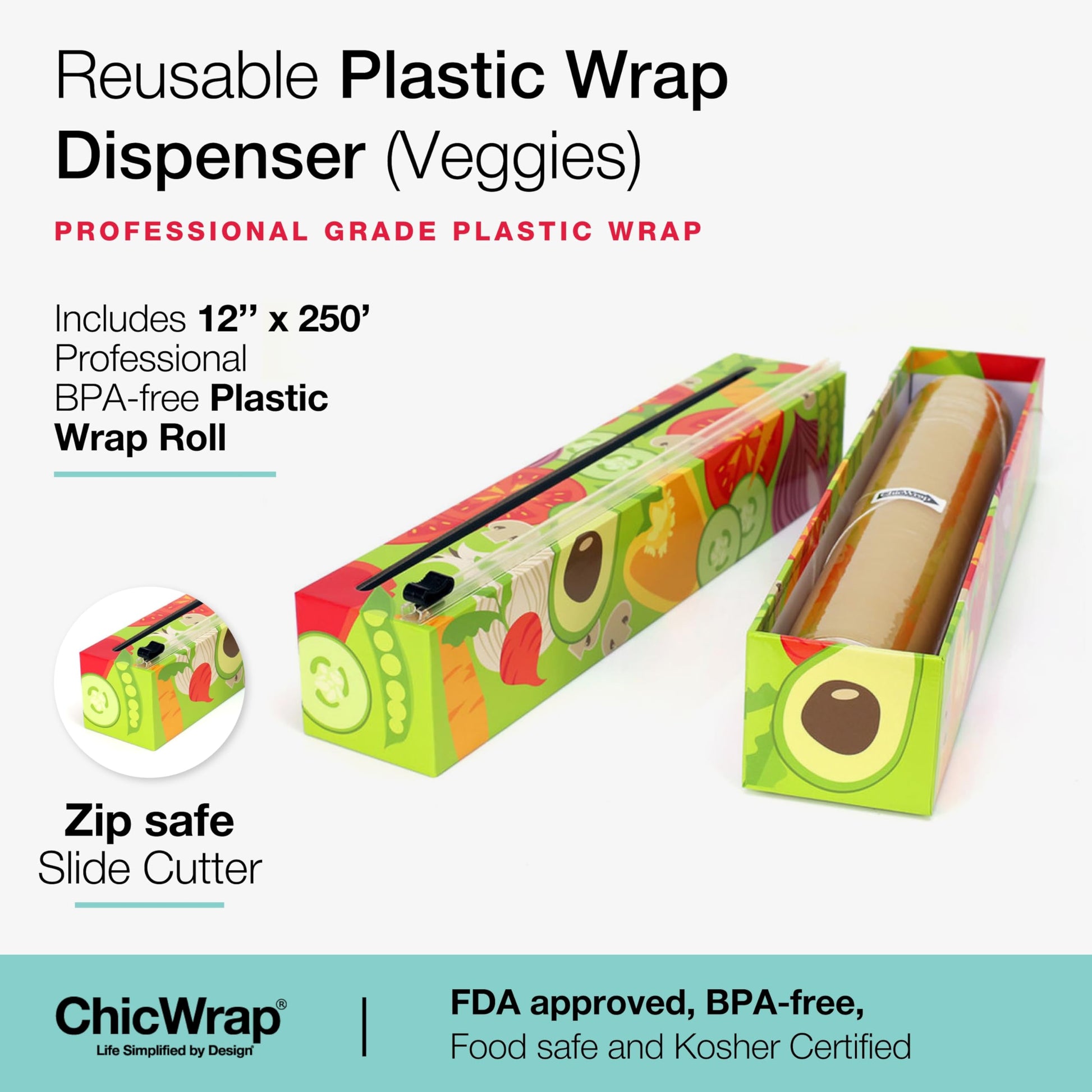 ChicWrap -Chicwrap Sebzeler Doldurulabilir Folyo Dağıtıcı / Sürgülü Kesici, 650 cm Uzun Profesyonel BPA-Ücretsiz Plastik Film