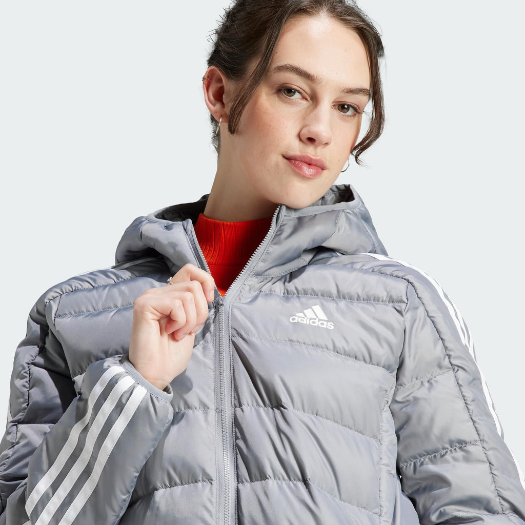 adidas Mujer Essentials 3-Stripes Light Down Hooded Parka, Grey, S