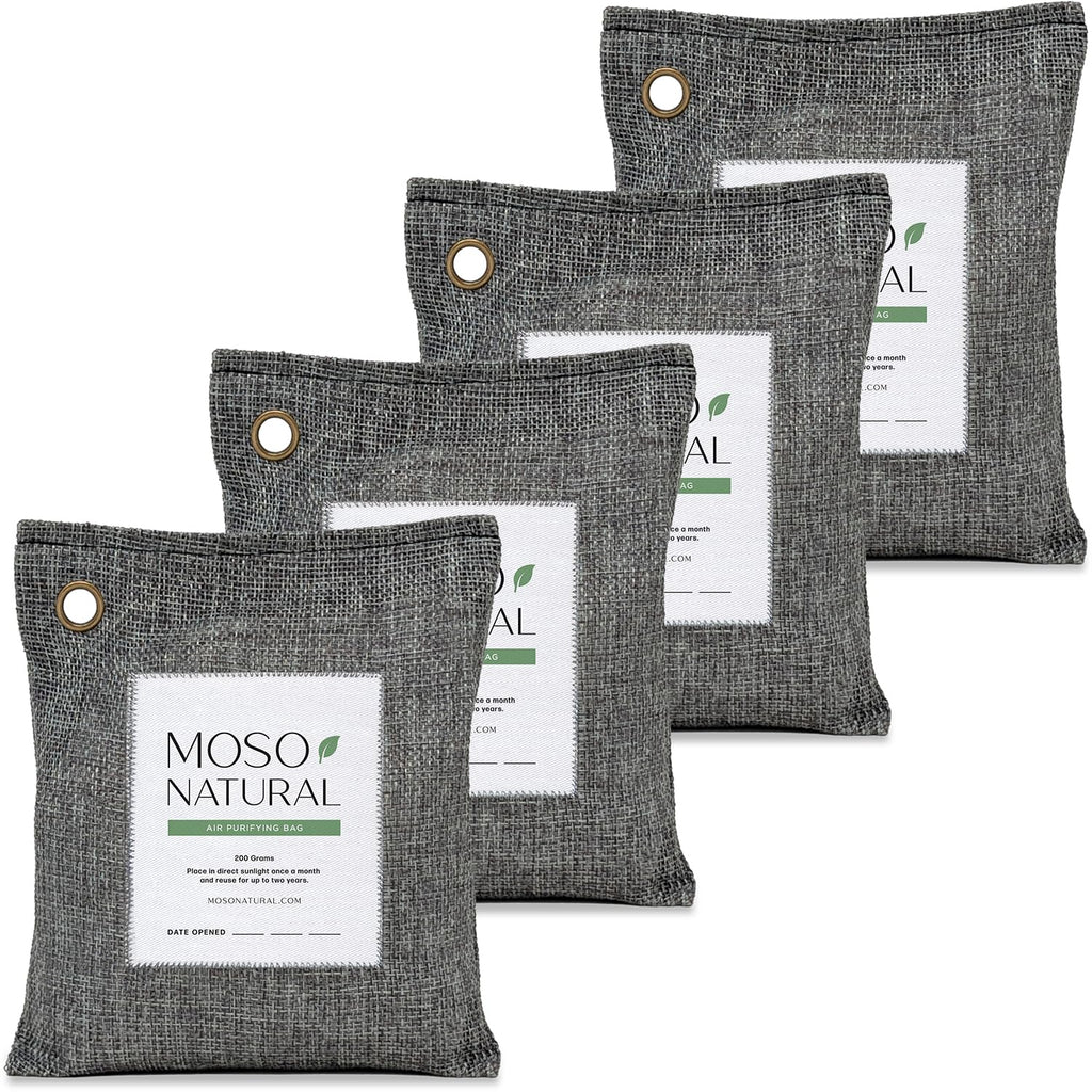 Moso Natural Hava Temizleme Torbası 200 g (4 Paket) Arabalar, Dolaplar, Banyo, Evcil Hayvan Alanları için Kokusuz Koku Giderici. Premium Moso Bambu Kömür Koku Emici (Kömür Grisi)