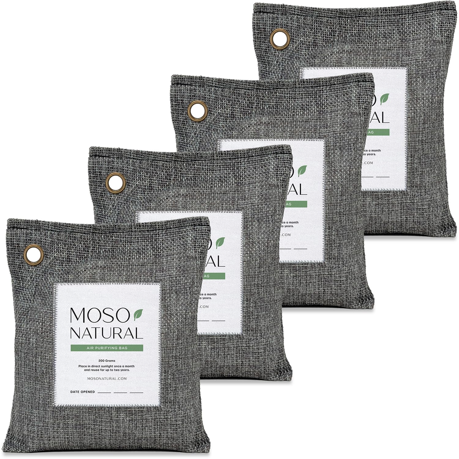 Moso Natural Hava Temizleme Torbası 200 g (4 Paket) Arabalar, Dolaplar, Banyo, Evcil Hayvan Alanları için Kokusuz Koku Giderici. Premium Moso Bambu Kömür Koku Emici (Kömür Grisi)