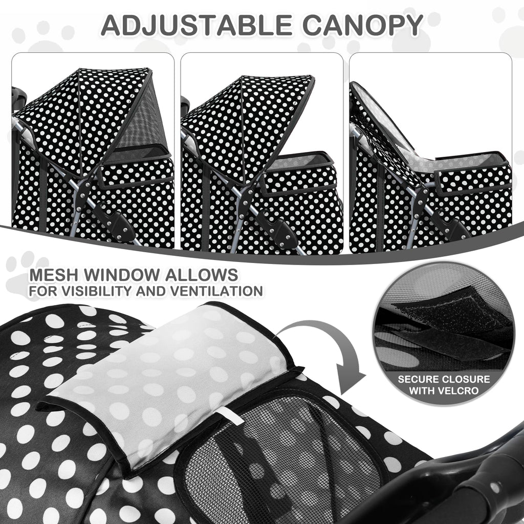 MoNiBloom 3 Wheels Pet Dog Cat Stroller for Small Medium Dogs Cats, Foldable Jogger Stroller w/Storage Basket and Cup Holder, Black Polka Dots