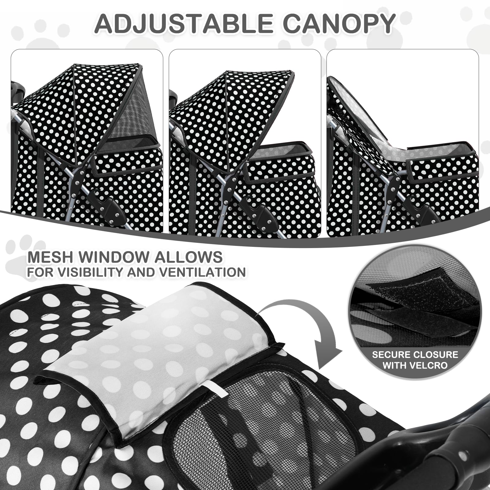 MoNiBloom 3 Wheels Pet Dog Cat Stroller for Small Medium Dogs Cats, Foldable Jogger Stroller w/Storage Basket and Cup Holder, Black Polka Dots
