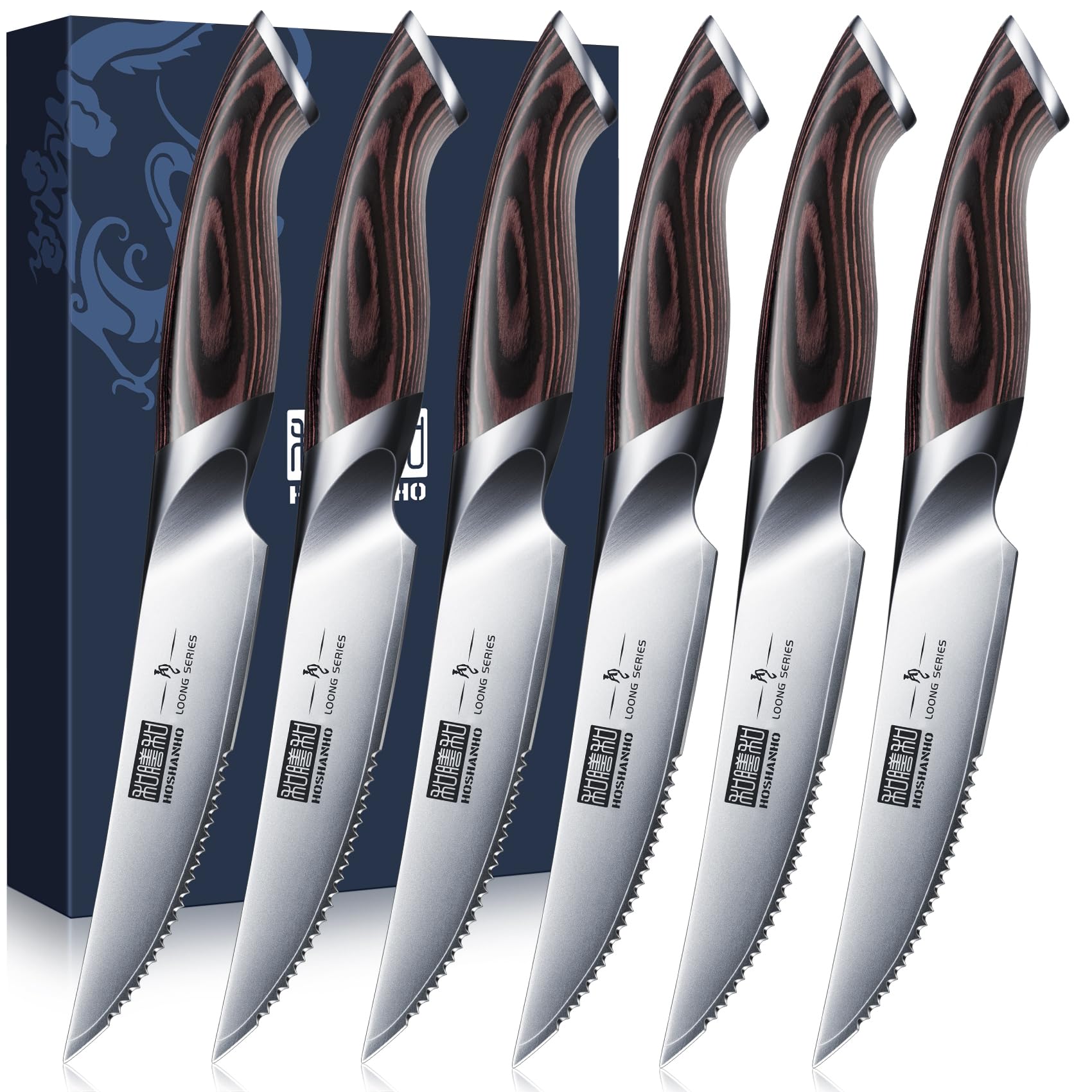 HOSHANHO Juego Cuchillo de Carne 6 Piezas, Ultra Afilados de 11.5 CM, Cuchillos de Mesa Serrados, Cuchillos de Bistec Japoneses de Acero de alto Carbono con Mango Ergonómico