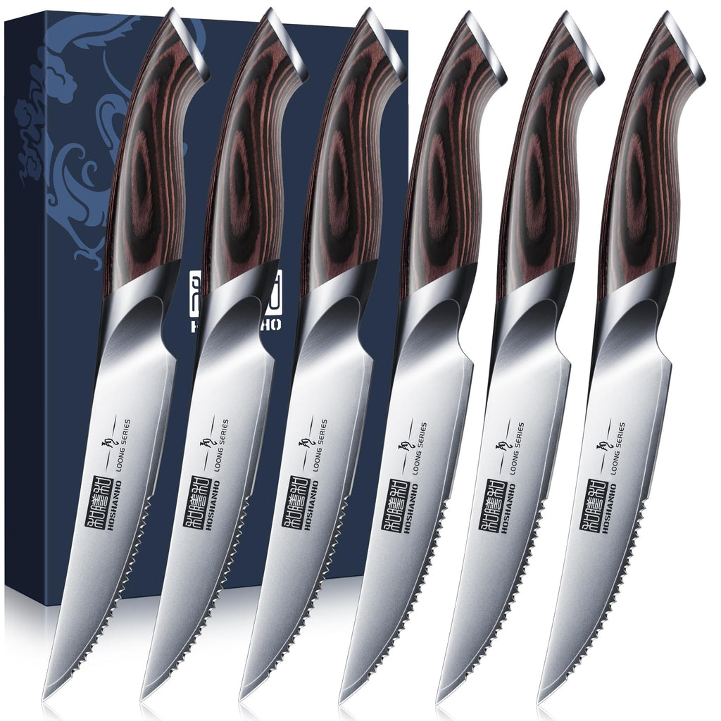 HOSHANHO Juego Cuchillo de Carne 6 Piezas, Ultra Afilados de 11.5 CM, Cuchillos de Mesa Serrados, Cuchillos de Bistec Japoneses de Acero de alto Carbono con Mango Ergonómico
