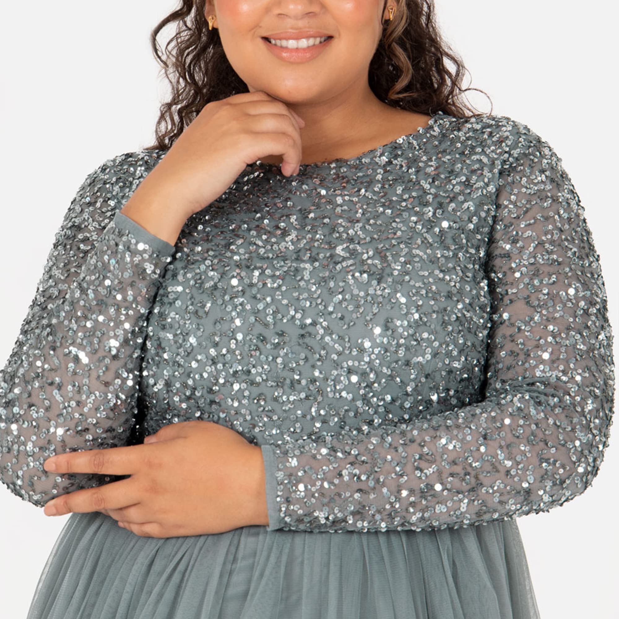 Maya Deluxe Vestido Maxi de Manga Larga Adornado Maya para Dama de Honor Formal, Verde Neblina, 48 para Mujer