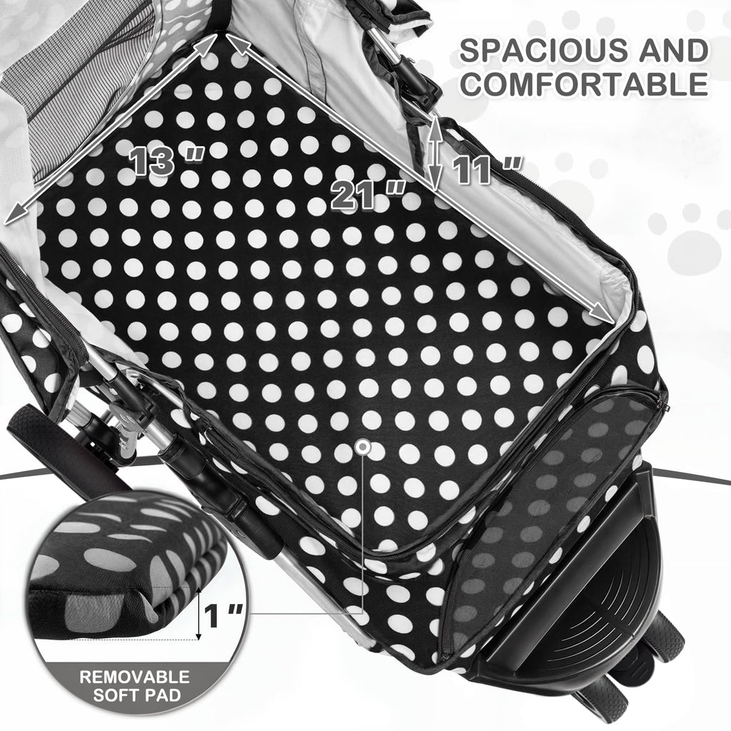 MoNiBloom 3 Wheels Pet Dog Cat Stroller for Small Medium Dogs Cats, Foldable Jogger Stroller w/Storage Basket and Cup Holder, Black Polka Dots