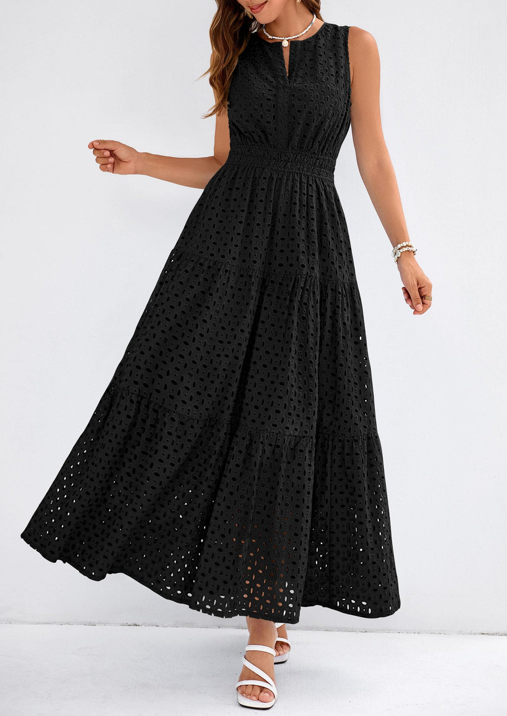 PRETTYGARDEN Womens 2026 Summer Maxi Dresses Sleeveless Sundresses V Neck Eyelet A Line Long Flowy Spring Wedding Guest Dress (Black,Large)
